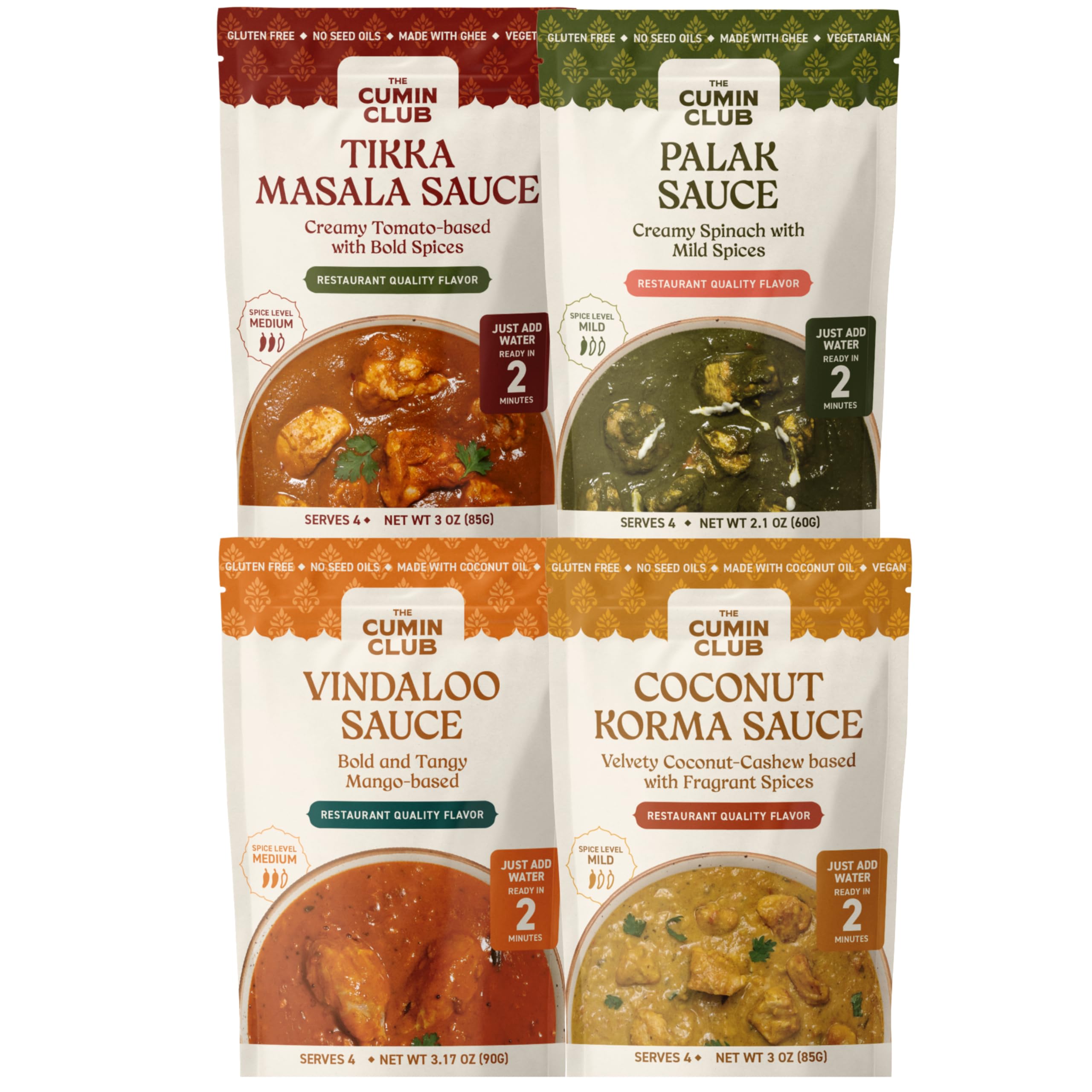 The Cumin Club Simmer Sauce Variety Pack | Just Add Water Curry Sauce Mix | Authentic Indian Spices | All Natural, No Preservatives | Pack of 4