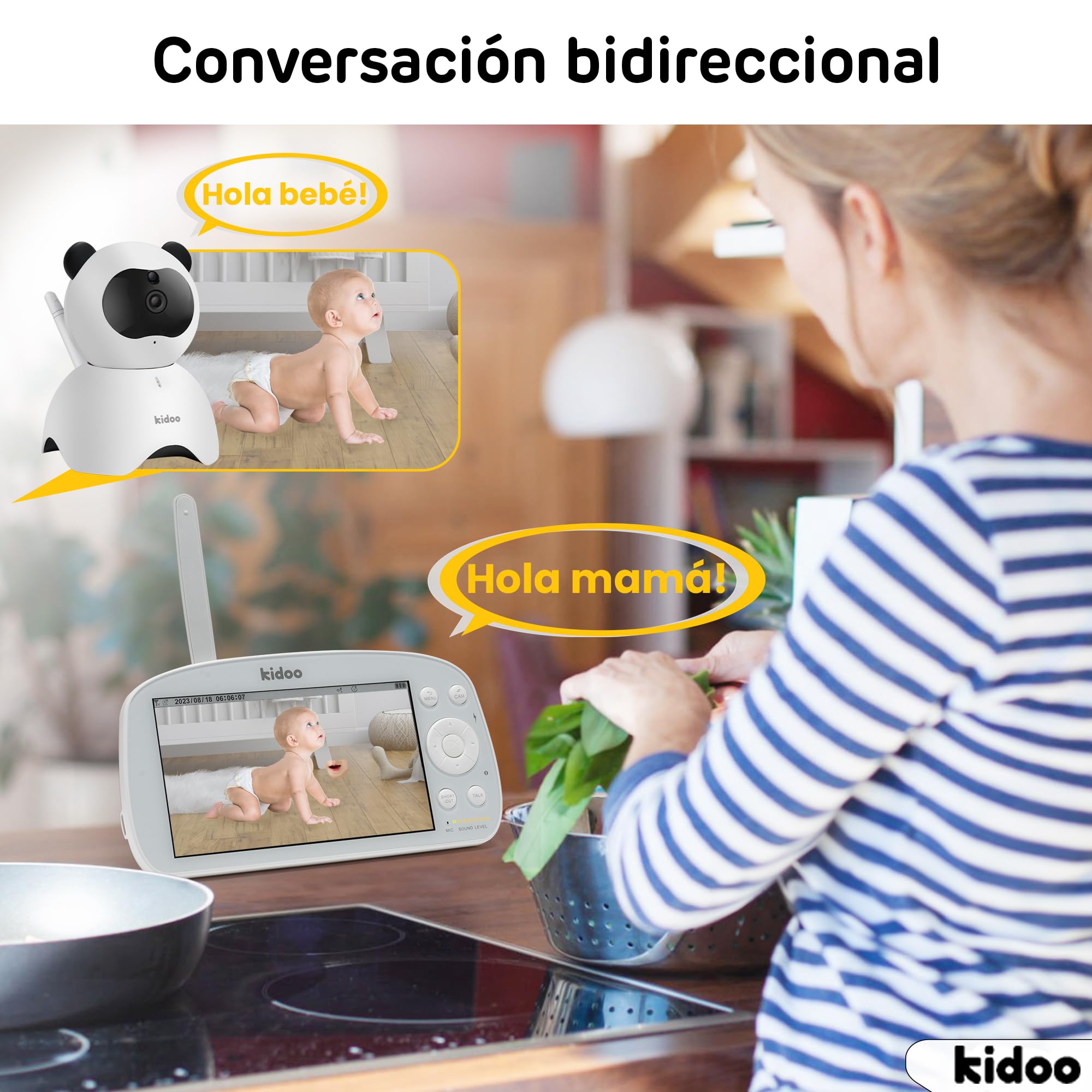 kidoo - Vigilabebés con Cámara y Audio, Monitor con Pantalla 720p HD de 5.5", Inteligencia VOX, Zoom x4, Visión Nocturna, Comunicación Bidireccional, Sensor de Temperatura y Alarma de Alimentación