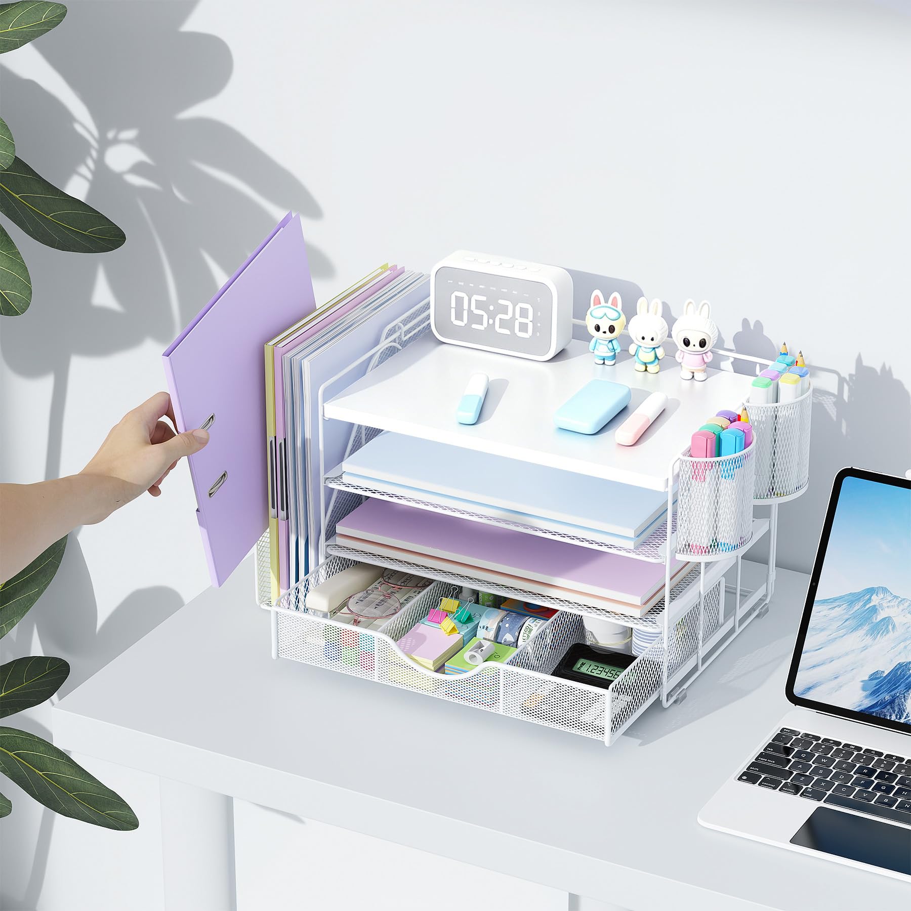 gianotter Wood Desk Organizers and Accessories with File Holder, 4-Tier Desk Accessories & Workspace Organizers with Drawer and 2 Pen Holder, Desk Reference Organizer (White, 4T with Metal Drawer) view 6