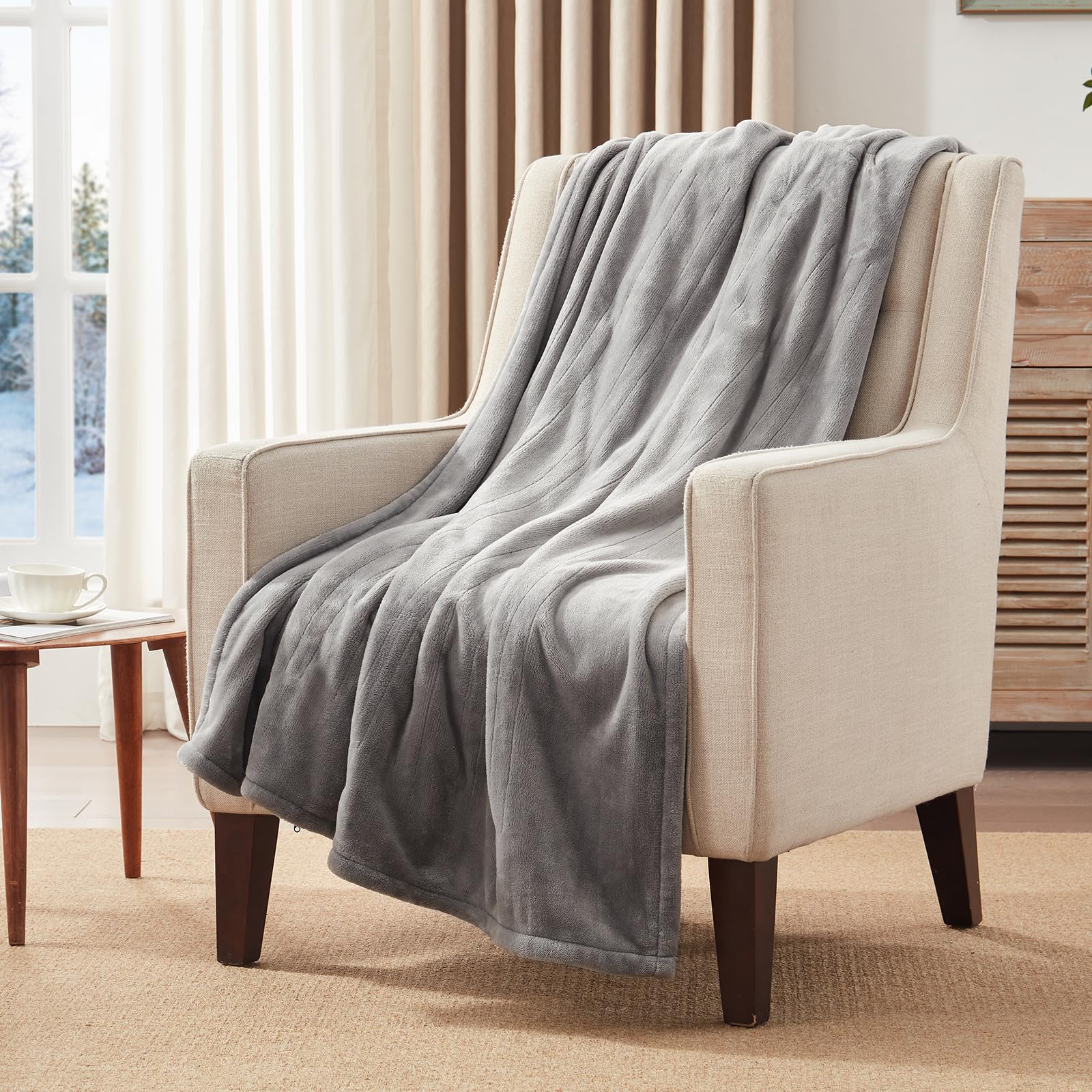 westinghouse electric blanket throw heated blanket with 6 heating levels and 2-10 hours time settings, flannel super cozy heated blanket machine washable (light grey, throw size 50 * 60")