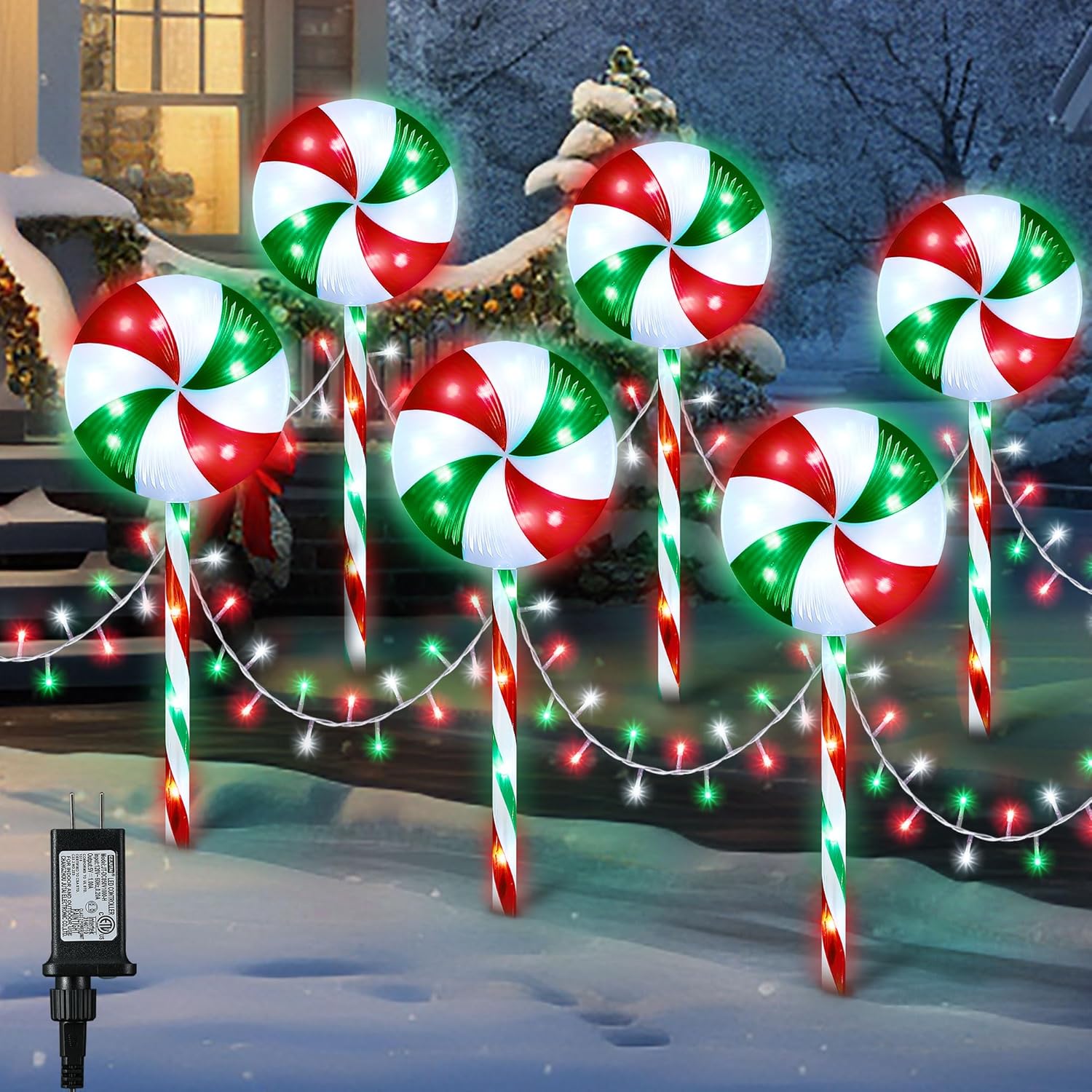 Lollipop Christmas Pathway Lights Outdoor, 6 Pack 29 Inch 160 LED Pathway Markers Lights with Stakes, Lighted Candy Cane with 8 Light Modes for Xmas Walkway Decor(Red Green and White)