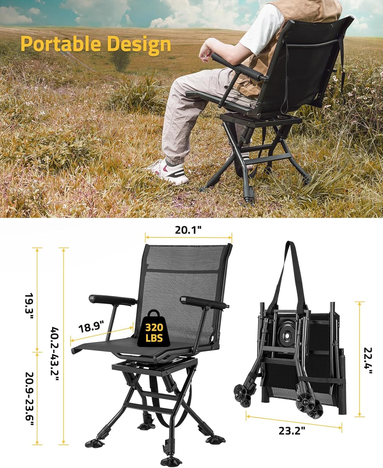 Swivel Hunting Chairs for Blinds Hunting Blind Chair 360 Degree Silent Swivel Camping Chair Portable Hunting Seat Height Adjustable Foldable with Armrest - Image 3