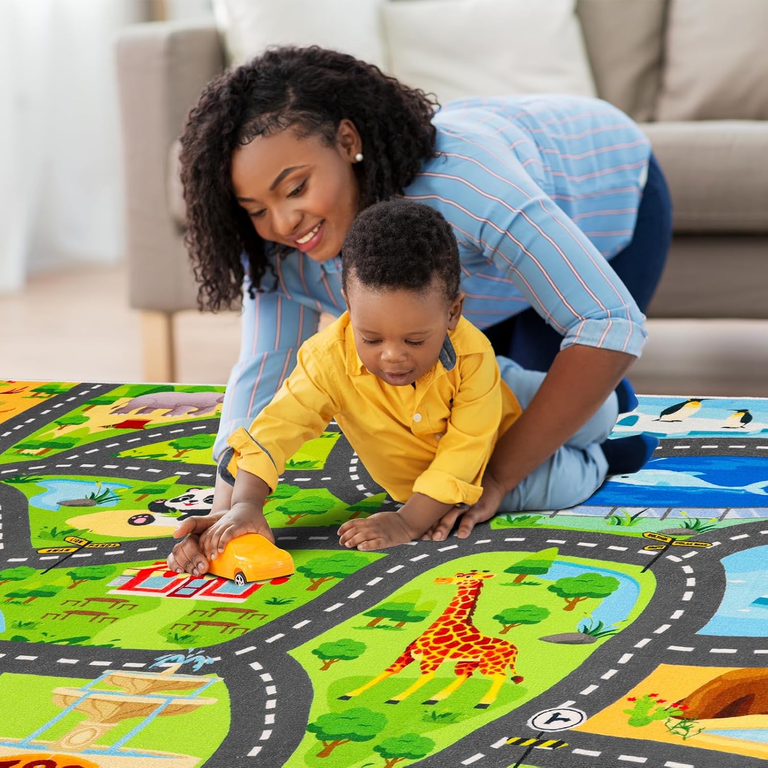Car Rugs for Kids Toy Cars,59"X39.4" Animal Road Rug for Kids,Non Slip Zoo Road Map Cars Track Mat,Washable Kids Carpet Playmat Rug for Playroom Bedroom Boys,Track Rugs Cars Play Carpet for Kids