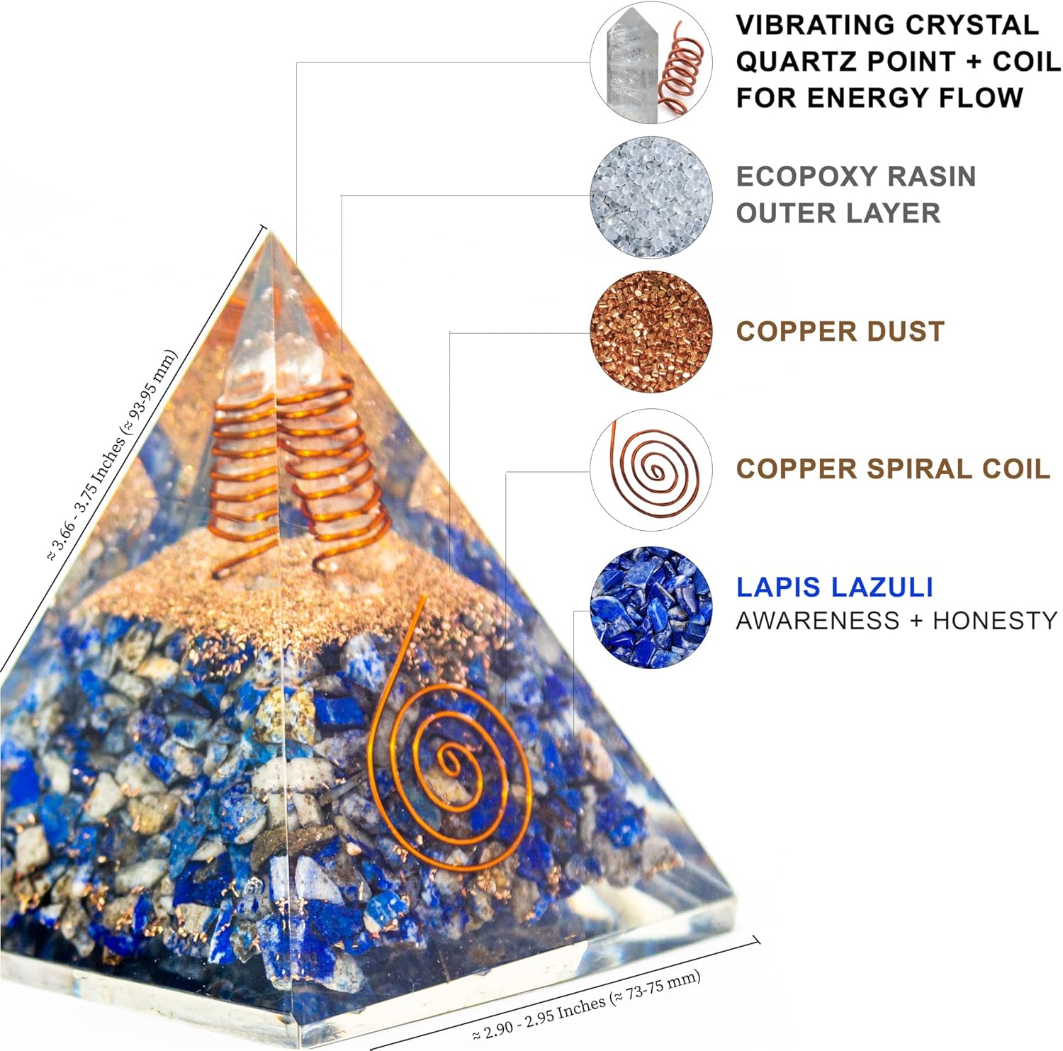 Lapis Lazuli Orgone Pyramid for Wisdom, Harmony, Honest & Self-Awareness | Orgonite pyramids with Copper Coil and Crystal Quartz for Chakra Protection