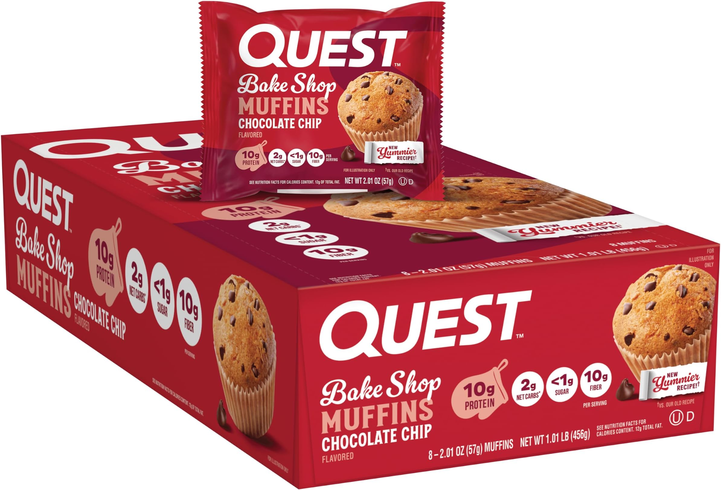 Nutrition Chocolate Chip Muffin, 10g Protein, 2g Net Carb, 8 Count | Less Than 1g Sugar, 10g Fiber, Protein Snack, High Quality Protein, 8ct Box of Individually Wrapped 2.01oz Muffins