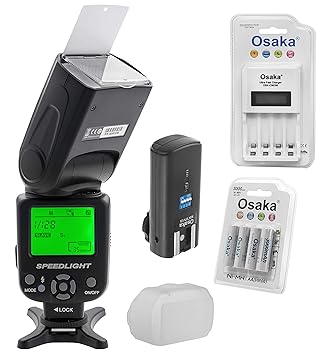 Osaka TT990RFSK-OS Camera Flash Speedlight with Inbuilt Radio Trigger and Transmitter with NI-MH HR06 4xAA 3000mAh Battery Set & Ultra Fast Charger OSK-C903W LCD Charger