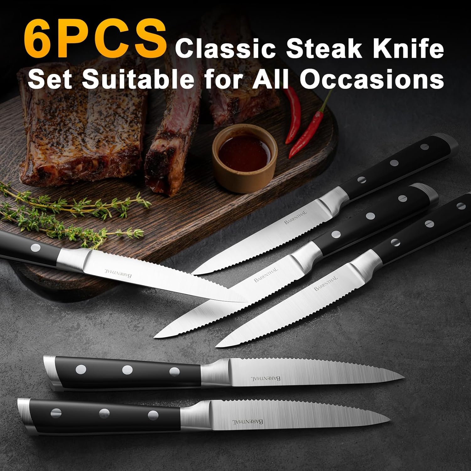 steak knives set of 6-4.8 Inch Steak Knife Set Dishwasher Safe German Stainless Steel Serrated Knife with Blocked Sharp Steak Knives for Christmas Gift with box