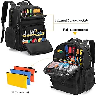 Rexmica Tool Bag Backpack for Men with 3 Tool Pouches, Heavy-Duty Tool Storage Organizer Bag with Padded Shoulder & Waist Support, Tactical Work Tool Bag for Electrician, Repairman, HVAC Techs, Black