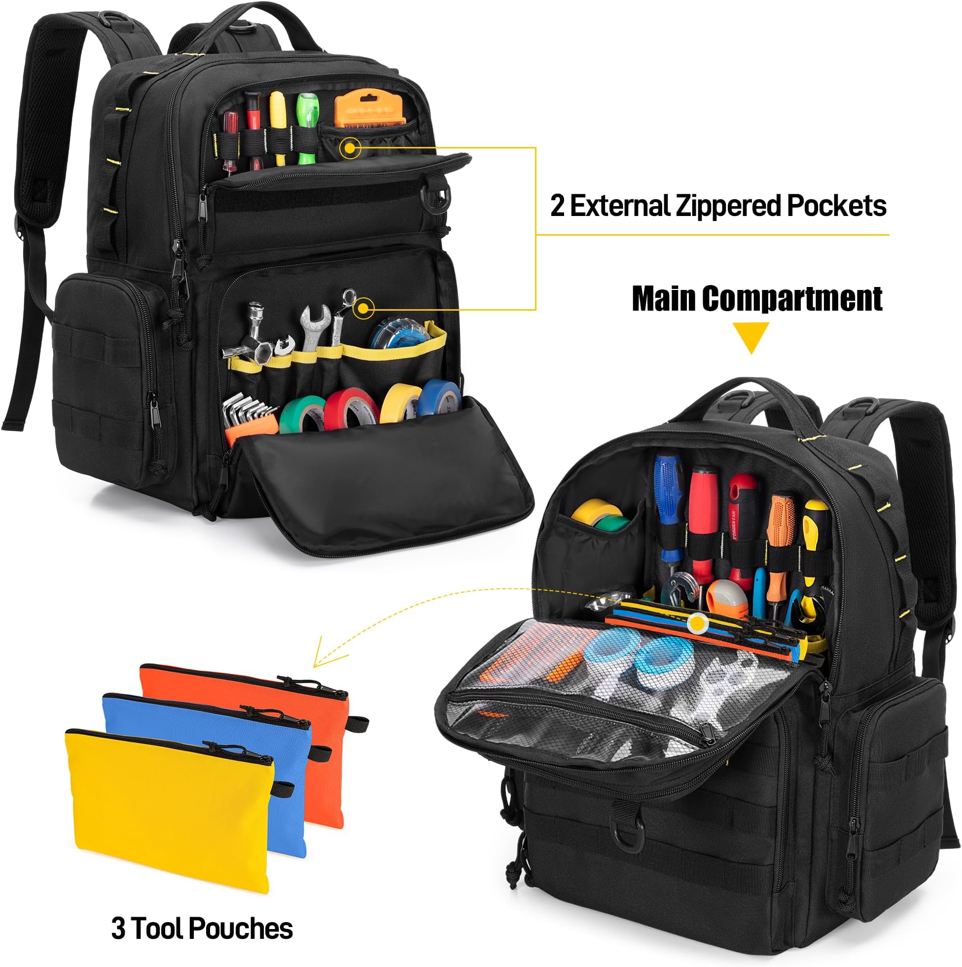 Rexmica Tool Bag Backpack for Men with 3 Tool Pouches, Heavy-Duty Tool Storage Organizer Bag with Padded Shoulder & Waist Support, Tactical Work Tool Bag for Electrician, Repairman, HVAC Techs, Black