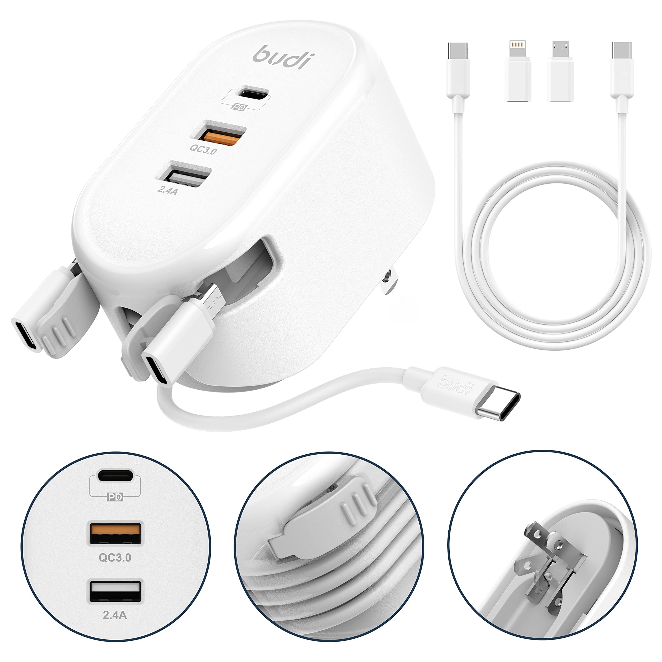 Budi 38W 3-Port USB Wall Charger, Multifunctional Built-in 3 Fit Cable Retractable USB Cable Fast Charger with Type-C/Micro-USB Port for iPhone/Tablet/Samsung Galaxy/Pixel/Sony/LG(38W 3-Port)