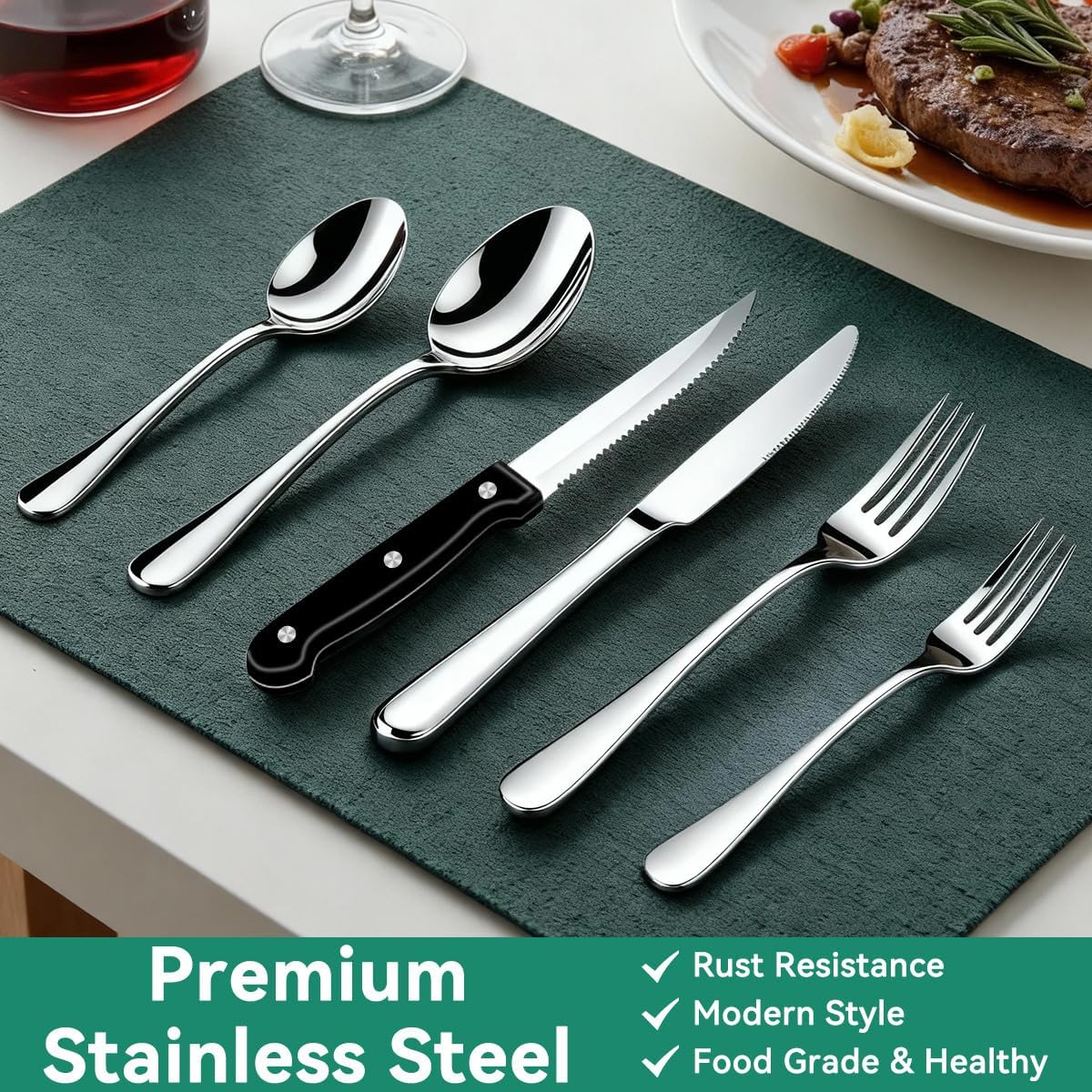 49-Piece Silverware Set with Organizer, Stainless Steel Flatware Utensils Set for 8, Forks and Spoons Silverware Set Cutlery Set with Steak Knives, Dishwasher Safe