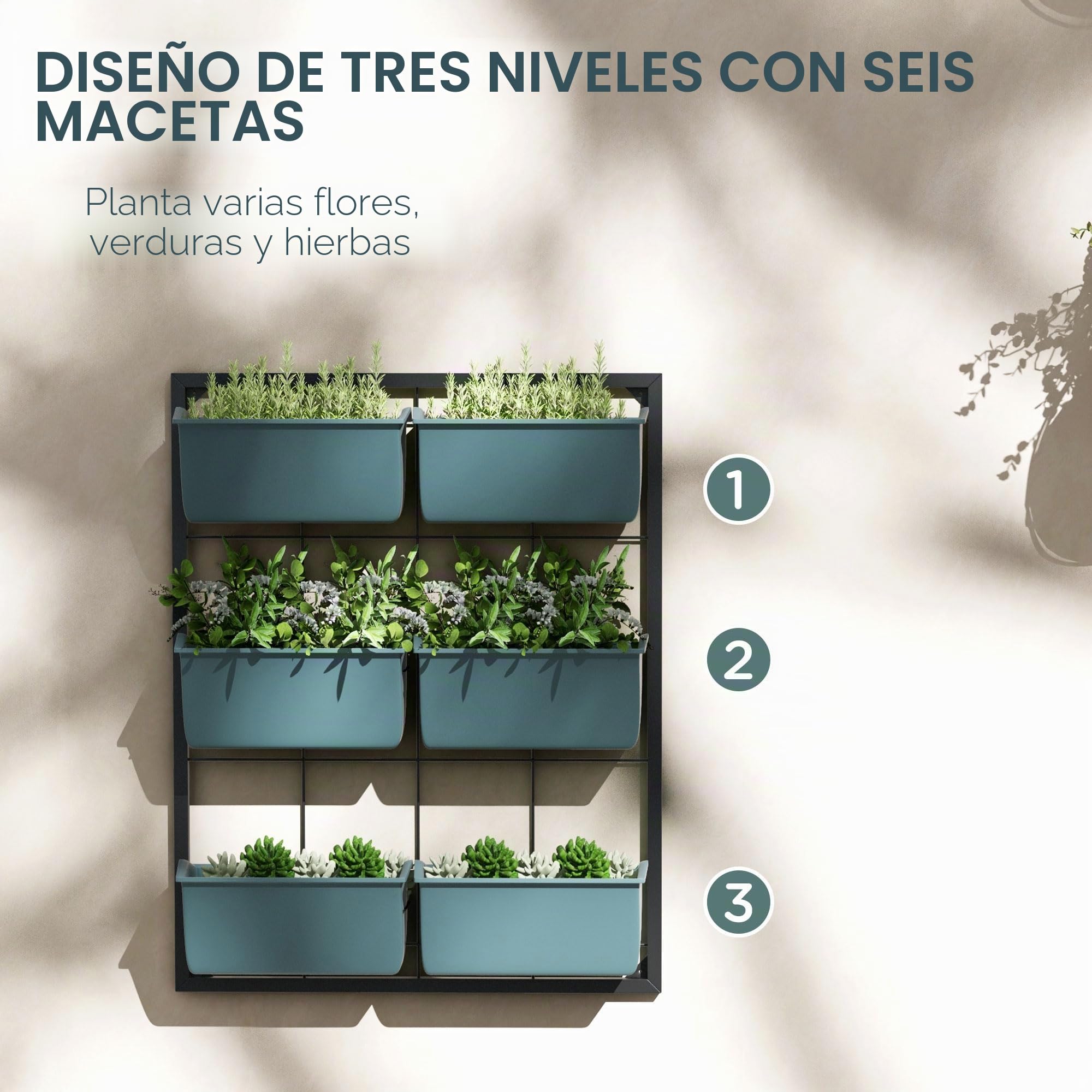 Outsunny Jardinera de Pared de 3 Niveles con 6 Macetas, Huerto Vertical de Acero y Plástico para Flores y Hierbas, Verde Oscuro
