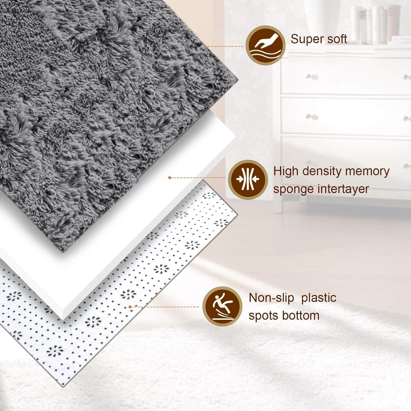 Hochflor Flauschig Teppich 80 x 190 cm Langflor Weich Soft Modernes Einfarbiges Design Lange Plüsch Weicher Teppiche für Schlafzimmer Küche Geeignet, Grau