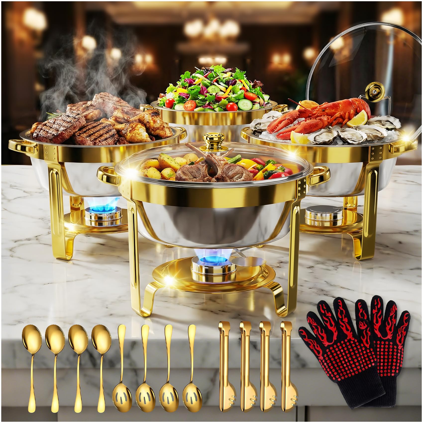 Juego de 4 platos dorados de 7 cuartos de galón para bufé, servidores redondos y calentadores de buffet con 4 cucharas, 4 cucharas ranuradas, 4 pinzas, 2 guantes, esponjas y calentadores de buffet