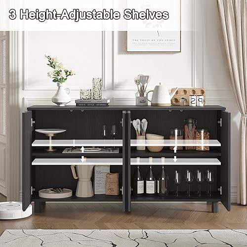 Miniatura 4 de Armario de buffet acanalado negro nogal de 59 pulgadas con aparador de almacenamiento, gabinete de acento moderno de mediados de siglo de 4 puertas,