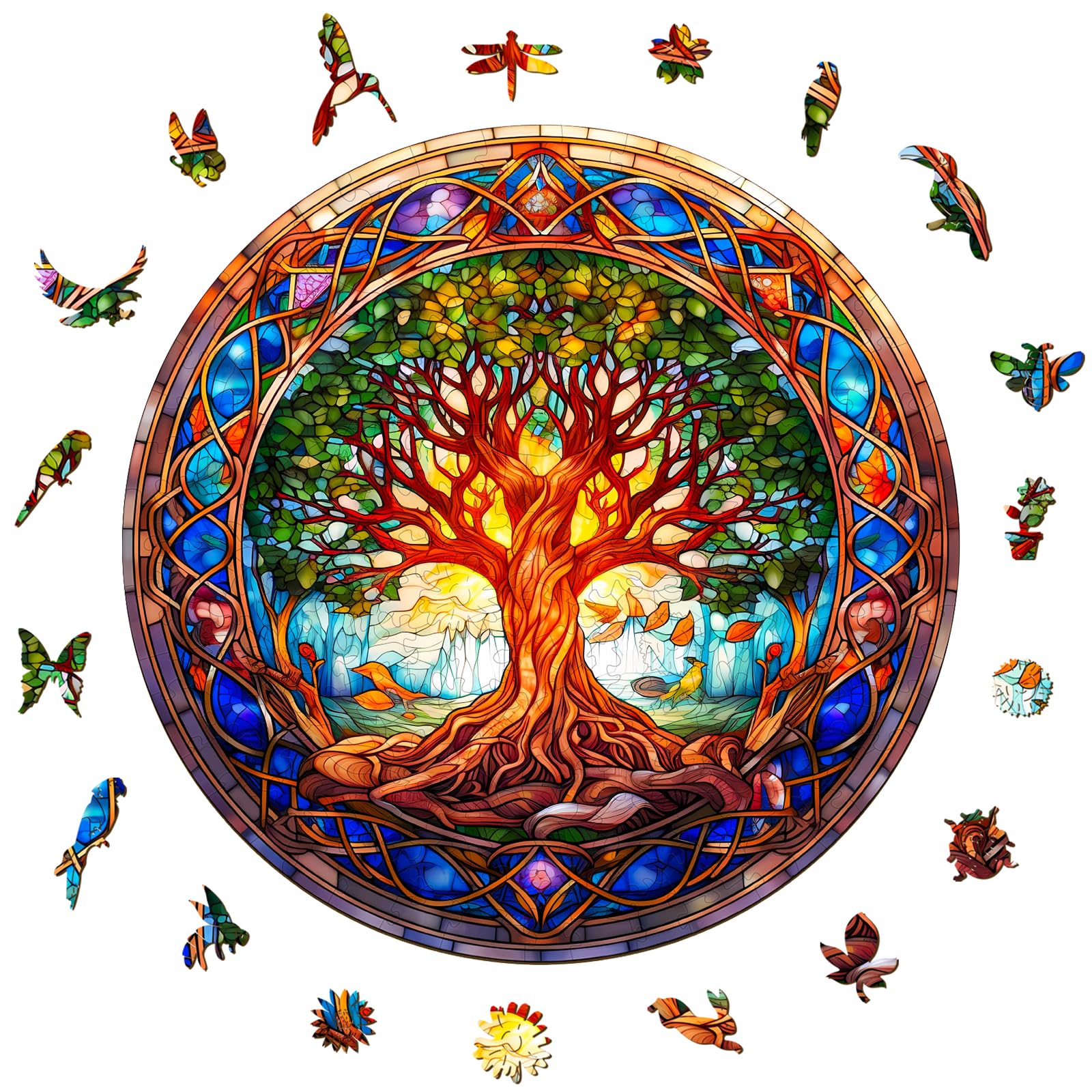 Wooden Puzzles for Adults - 300 Pieces Stained Glass Tree of Life Wooden Puzzle - Unique Animal Shape Wood Cut Puzzles - Eco-Friendly Home Office Decor (L-13.4 * 13.4in)