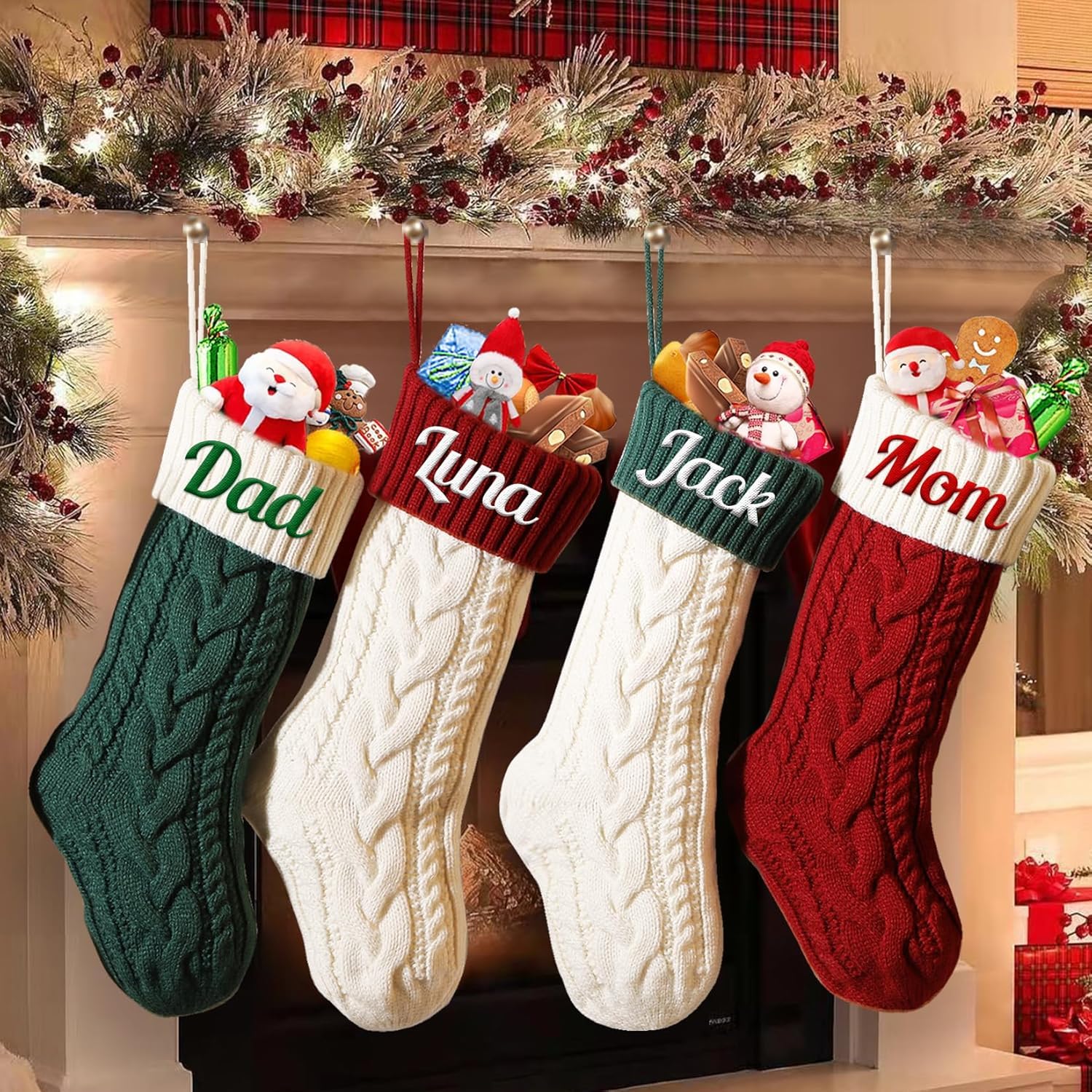 5 calcetines de Navidad personalizados con cinta de luz de Navidad, calcetines de Navidad con nombre bordado personalizado, calcetines de Navidad de 18 pulgadas grandes para colgar para niños