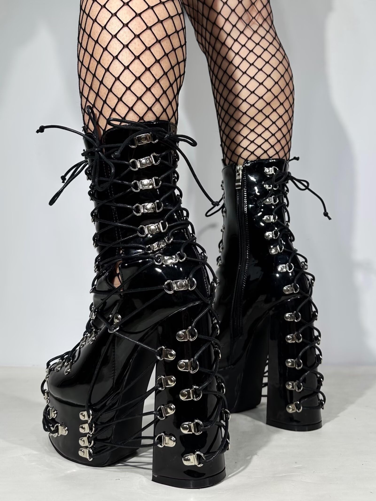 Frankie Hsu Handmade Goth Chunky Platform Ankle High Heeled Bootie, Lace Up Black Patent Silver Buckle Punk Gothic Y2K Hot Cool Girl Big Large Size Shoes For Women Men: 12 Black