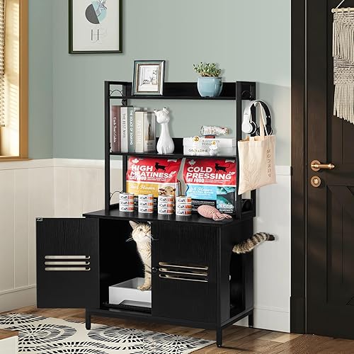 Miniatura 2 de WEENFON Caja de arena para gatos con 3 estantes, armario de arena, baño para gatos con alfombra, madera resistente, grande, color negro