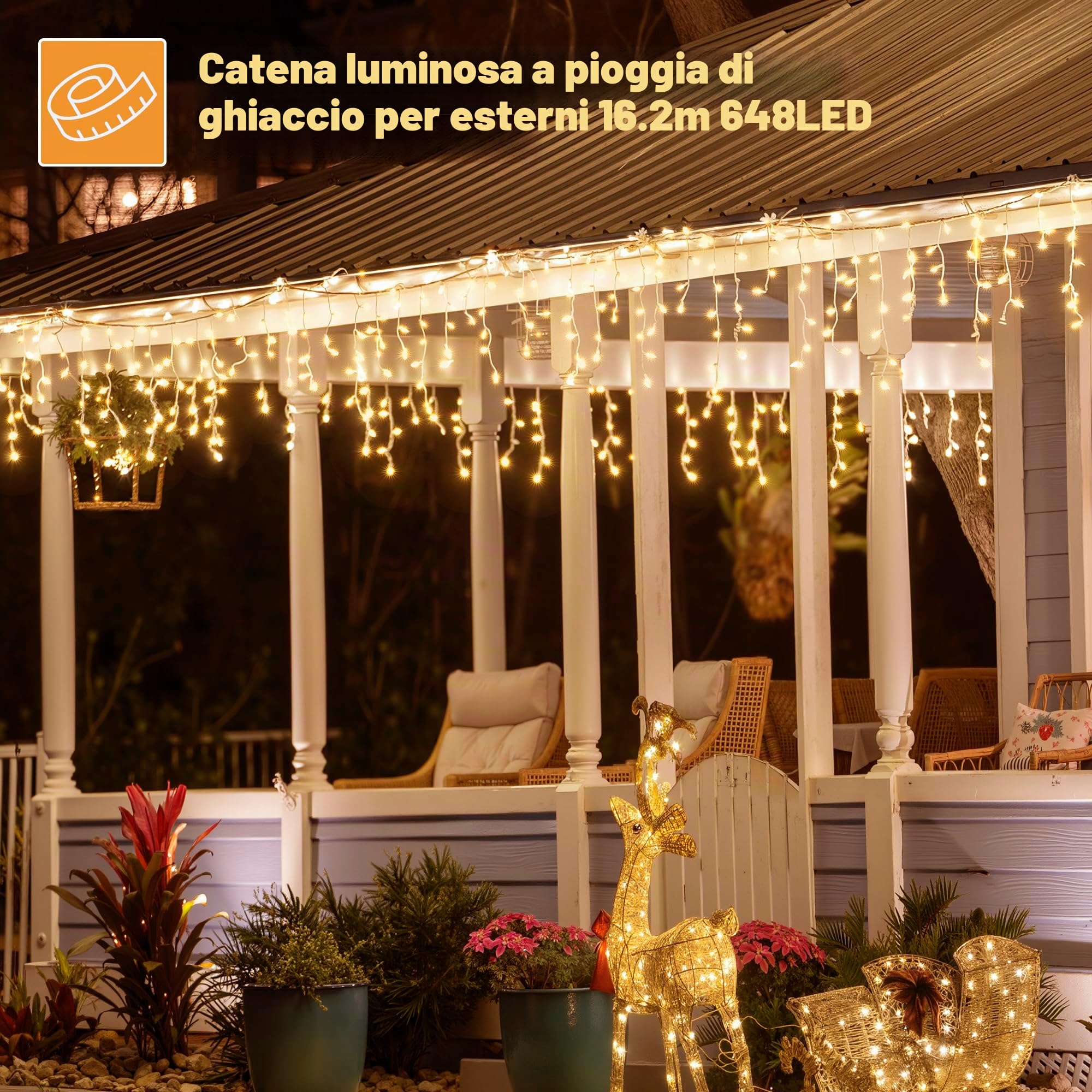HeiPard Luci Natale Esterno Cascata Bianco Caldo 16,2m 648LED Balcone