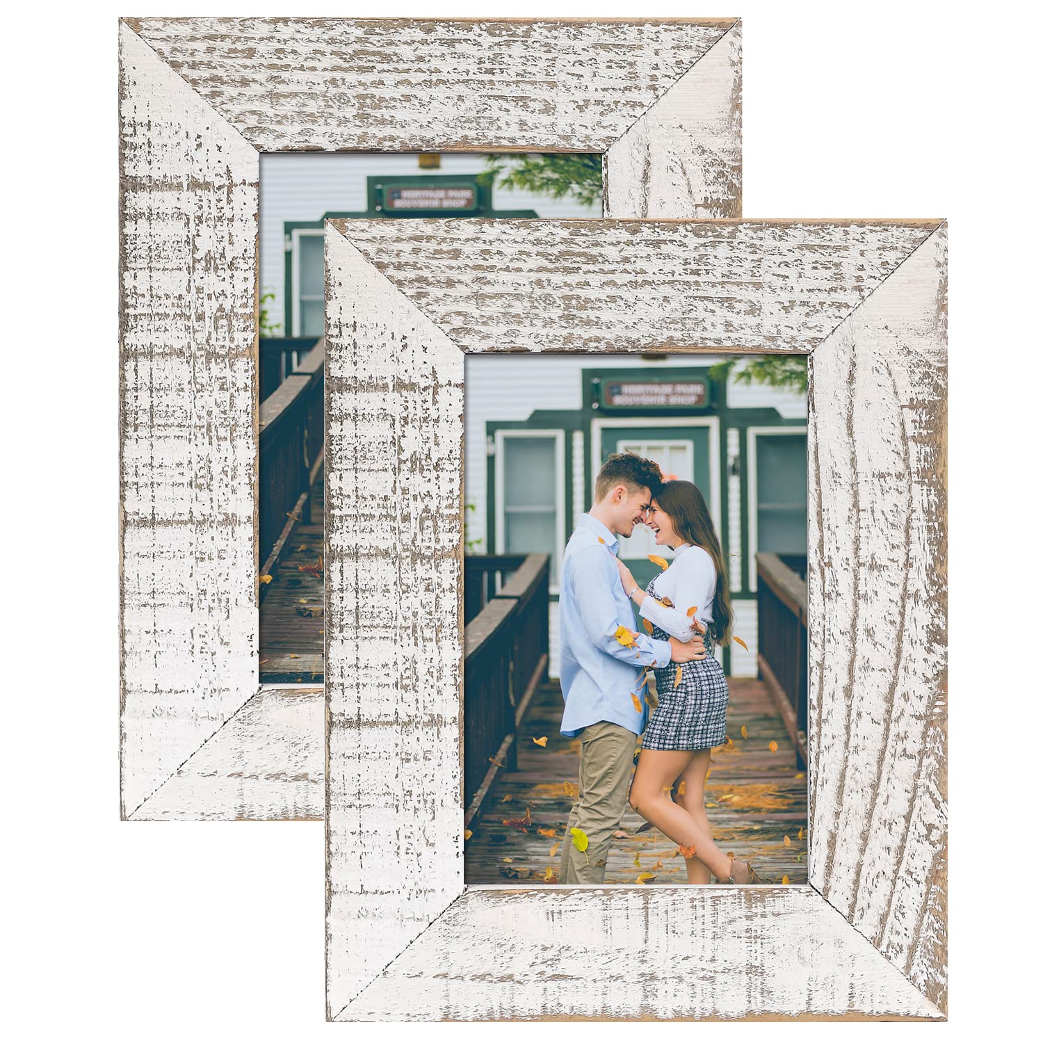 Adeco Handcrafted Rustic Wooden Picture Frames with Real Glass to Display 4 x 6 Inch Photo for Wall Hanging and Tabletop, Distressed White，Set of 2