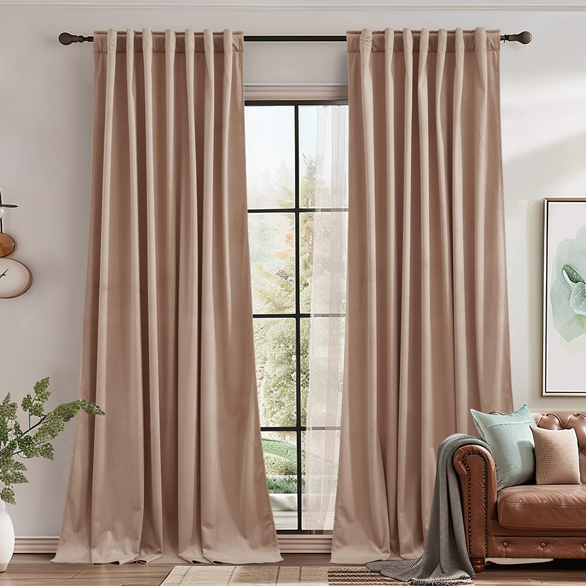 StangH Super Soft Velvet Curtains Beige Blush 90 inches Long,Back Tab Farmhouse Decor Room Dividers Light Blocking Panels for Kids Nursery/Living Room, W62x L90, 2 Panels — image 1