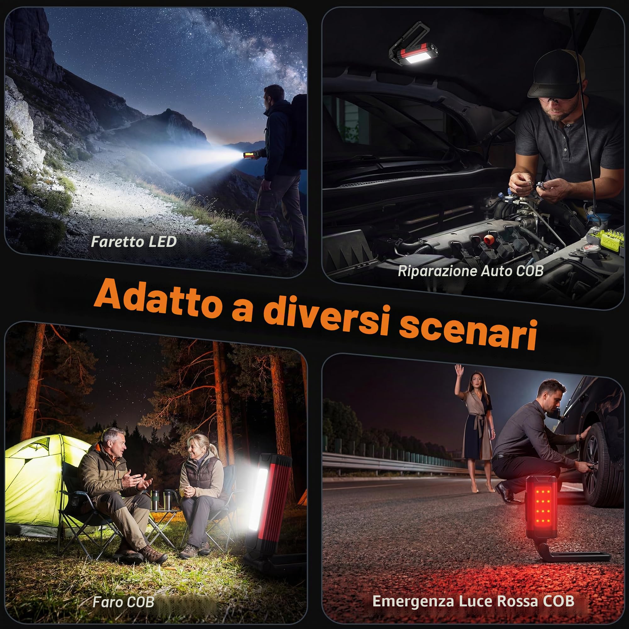 Daphomeu Lampada da Lavoro LED Ultra Luminosa - Lampada da Officina con Batteria Ricaricabile, Base Magnetica e Funzione Girevole - Ideale per Officina, Riparazioni Auto e Campeggio