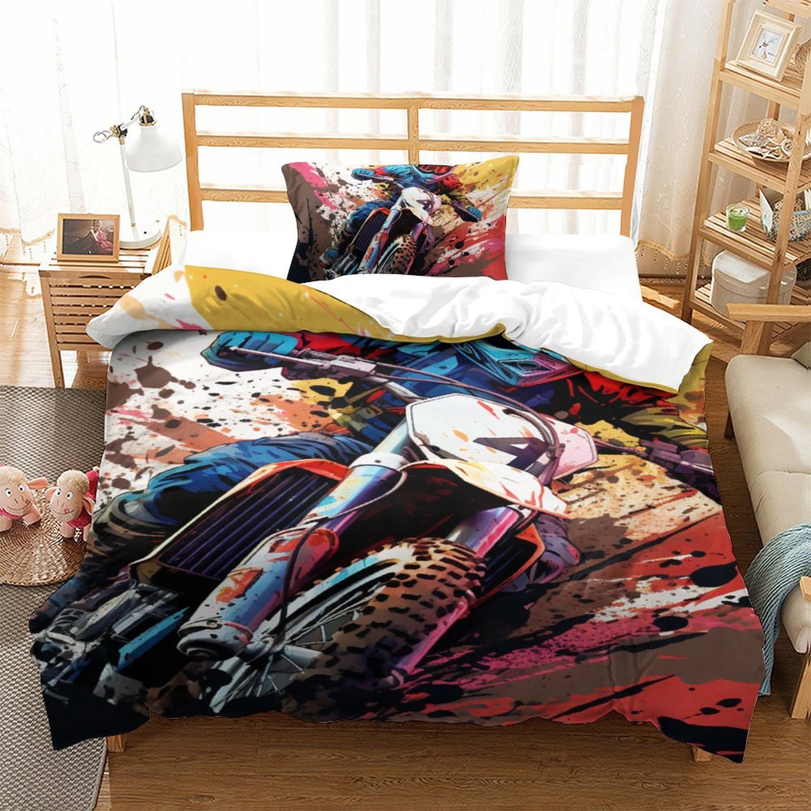 Housse de couette VTT 3D pour chambre d'ado literie microfibre avec zip 135x200cm