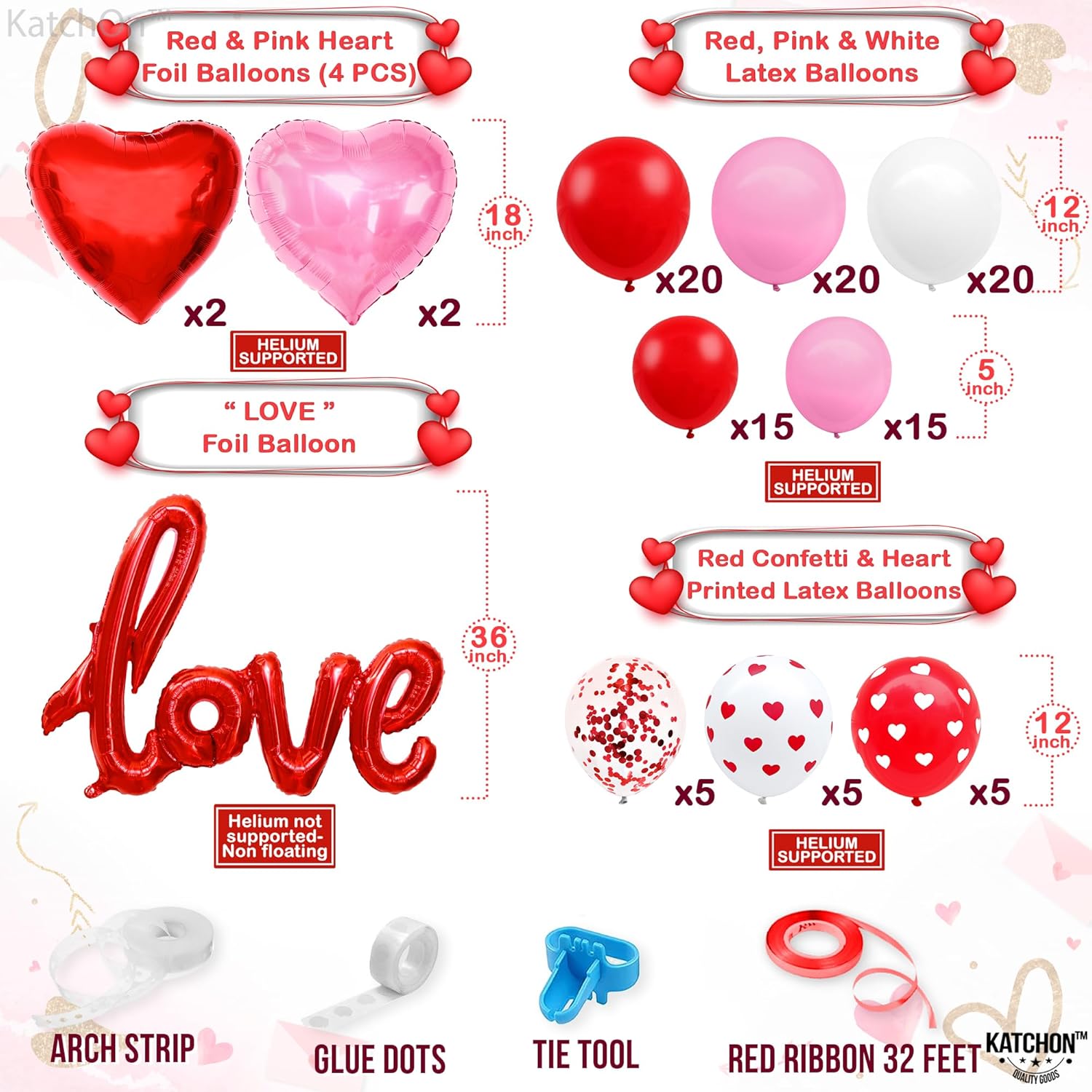 KatchOn, Valentines Day Decorations Set - Pack of 116 | Valentines Day Decorations Arch | Happy Valentines Day Banner 12 Feet, No DIY with Love Balloons Script | Heart Balloons, Valentines Decorations