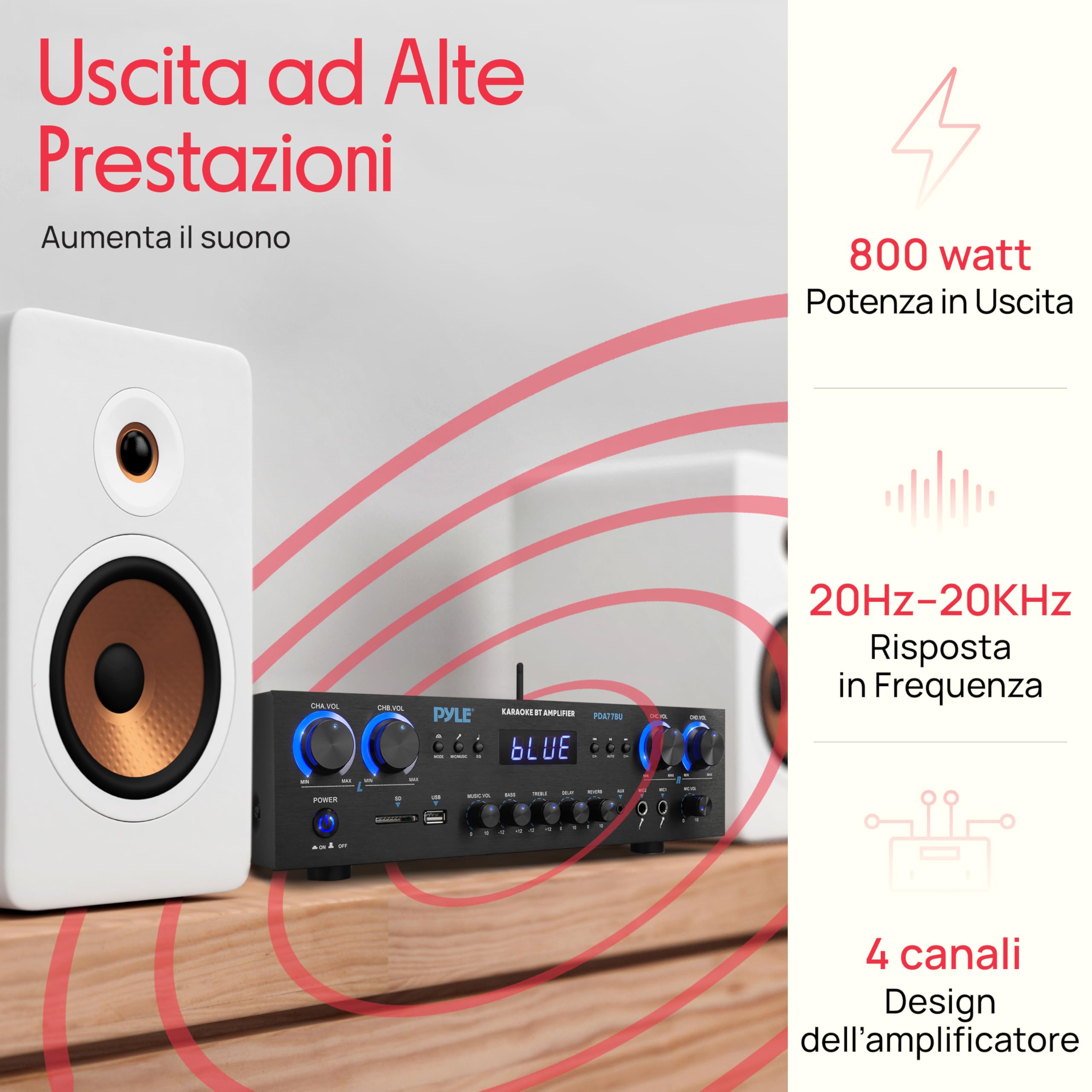 Pyle Amplificatore Audio 4 Canali Bluetooth 800 Watt Picco Home Theater Karaoke