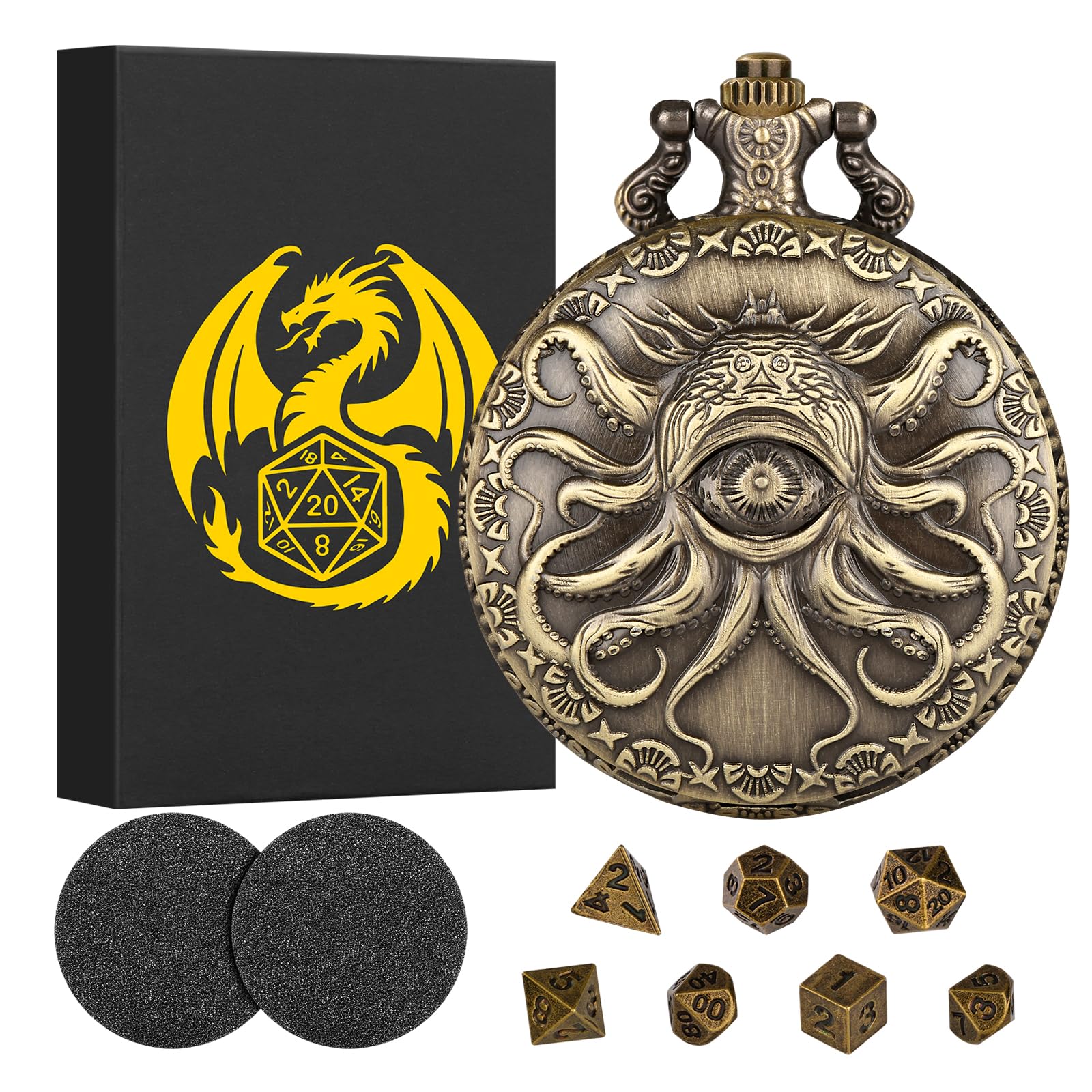 Mini DND Dice Set Steampunk One-Eye Octopus Pocket Watch Shell Case, 7-Piece Polyhedral Metal D&D Dice Set, DND Gifts with Gift Box, Role Playing Board Game Accessories Dice, Bronze
