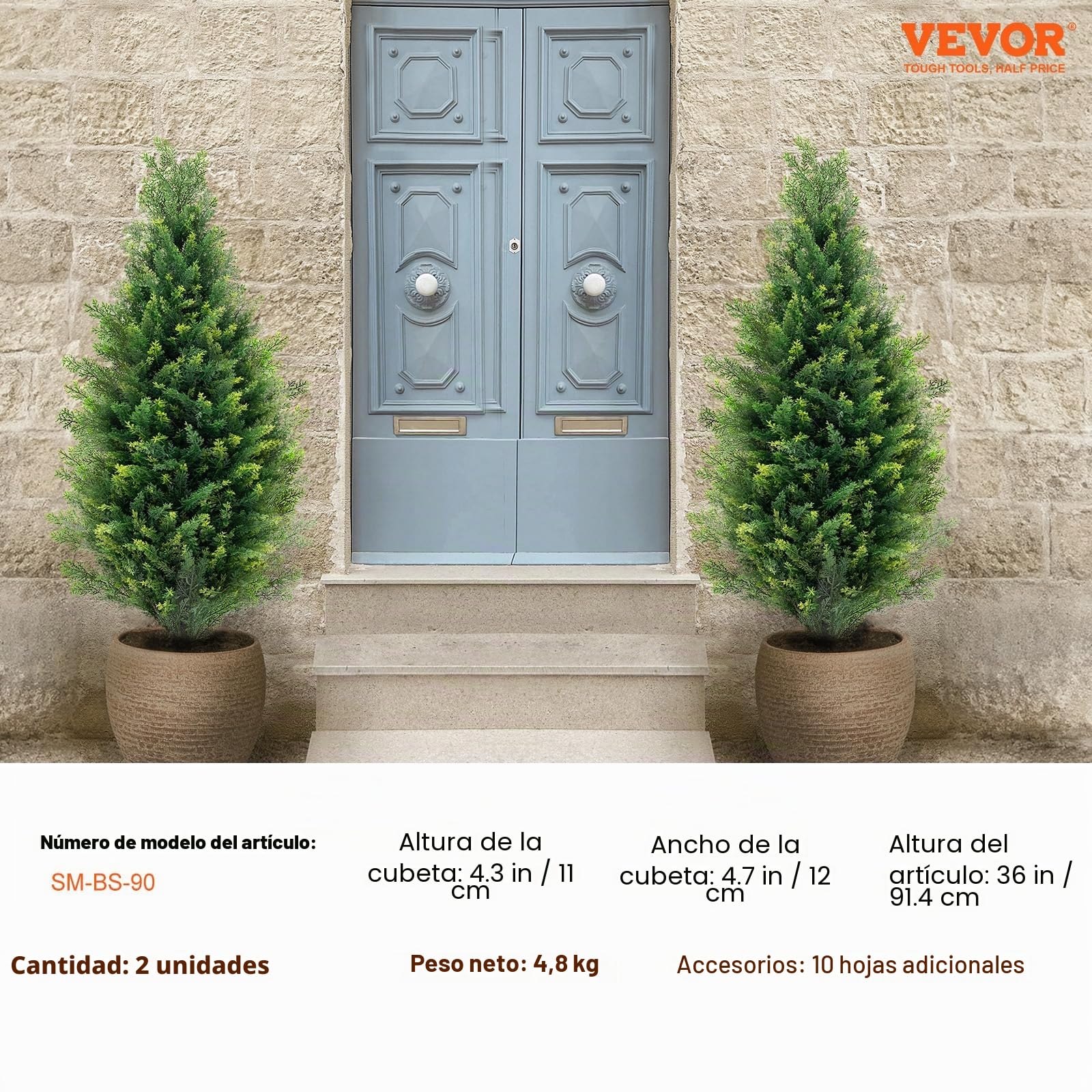 VEVOR Árbol Topiario de Cedro Artificial, 2 Piezas, con Hojas Adicionales y Maceta, Planta de Pino Ciprés Artificial de Hoja Perenne, con Clasificación UV para Decoración del Hogar, 300 x 300 x 900 mm