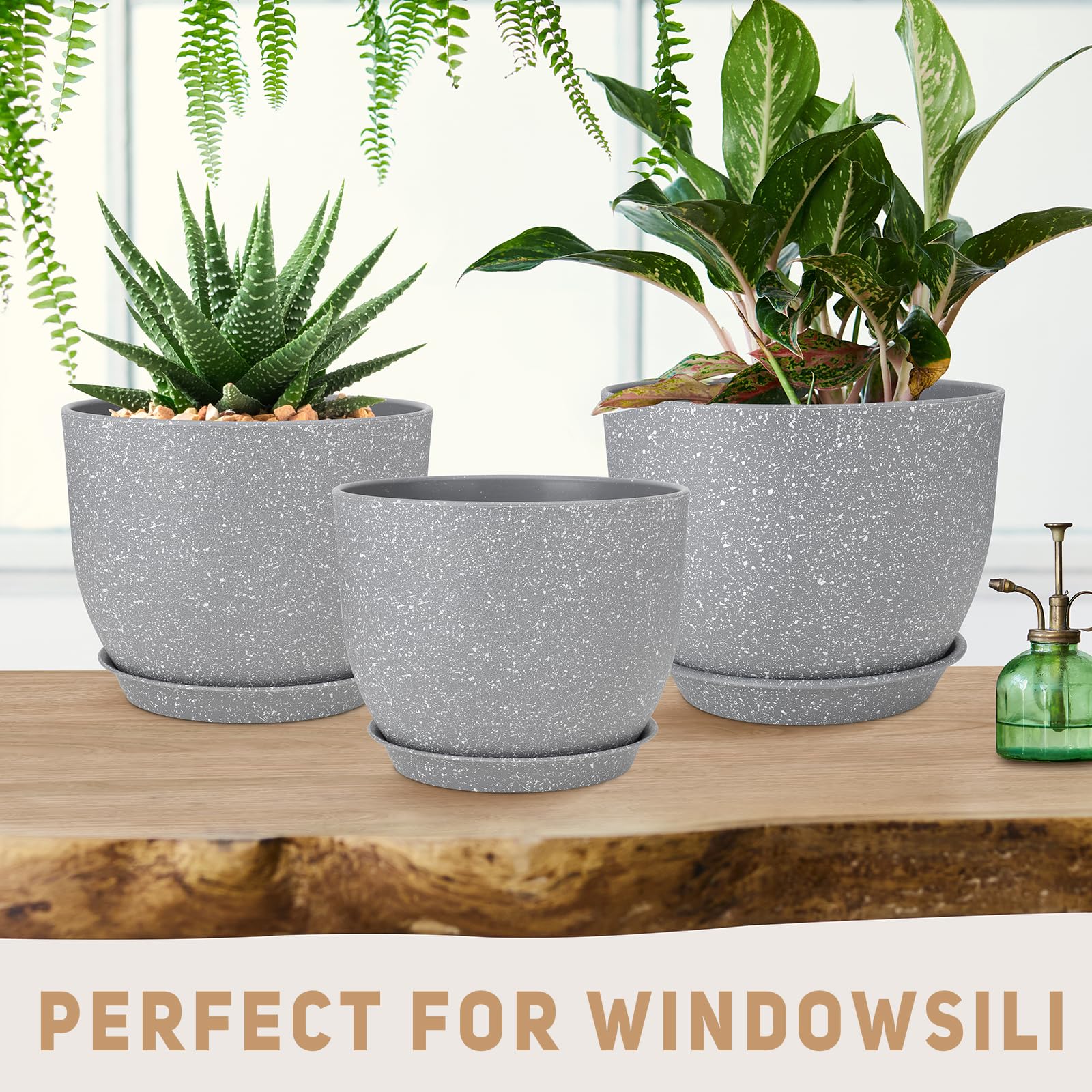 YNNICO Set di 3 vasi per piante da 30 cm, 25 cm, 22 cm, 22 cm, vasi da fiori con fori di drenaggio multirete, grandi fioriere per piante e fiori da giardino per interni ed esterni (grigio)