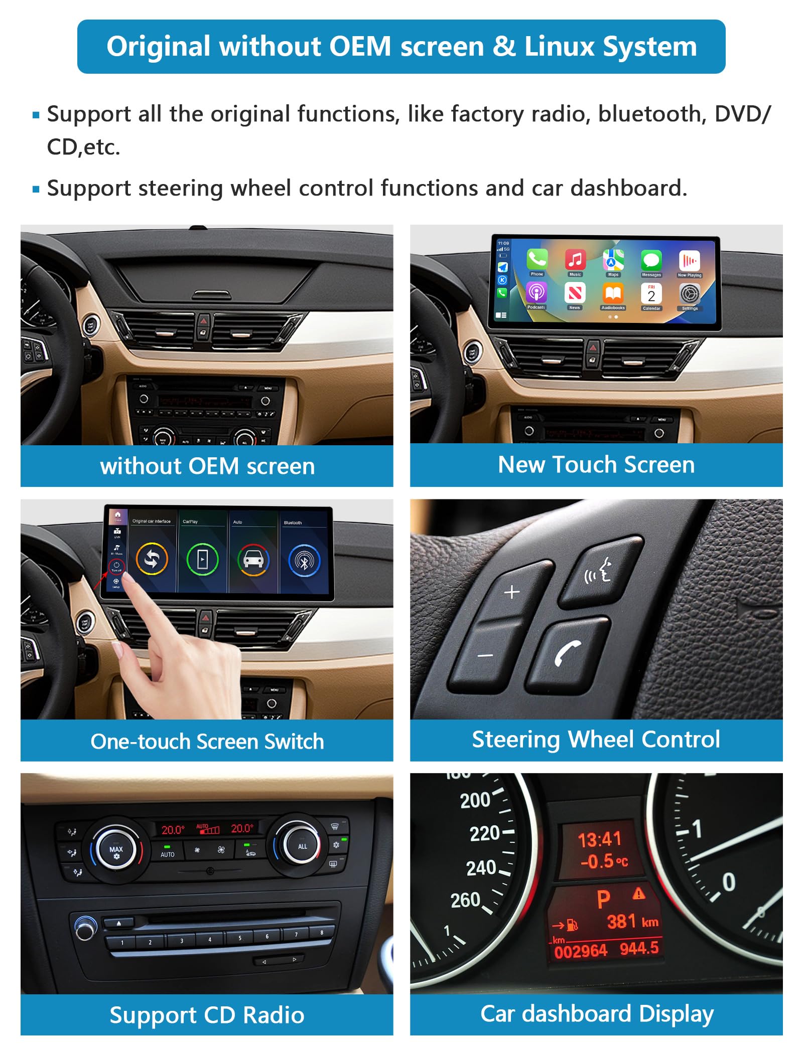 Radio samochodowe 12,3-calowy ekran dotykowy z bezprzewodową funkcją Carplay i Android Auto do BMW serii X1 E84 z lat 2009-2015 bez ekranu OEM, obsługuje Mirrorlink, muzykę, nawigację
