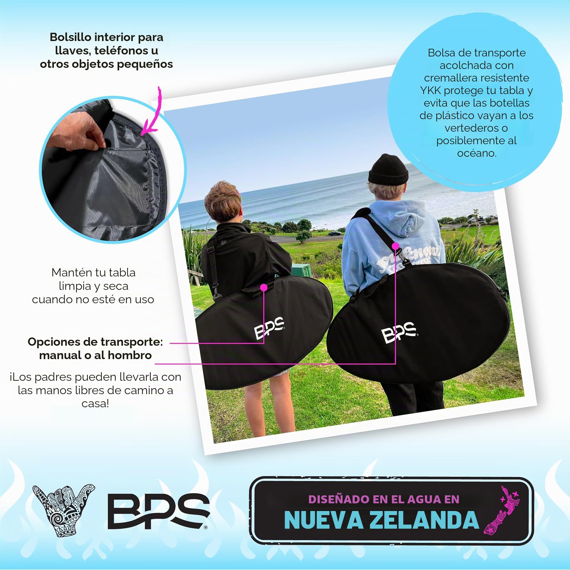BPS New Zealand 'Flame' - Skimboard de madera de alto rendimiento con almohadillas de tracción personalizadas, con bolsa de transporte acolchada opcional hecha de plásticos reciclados, para niños o