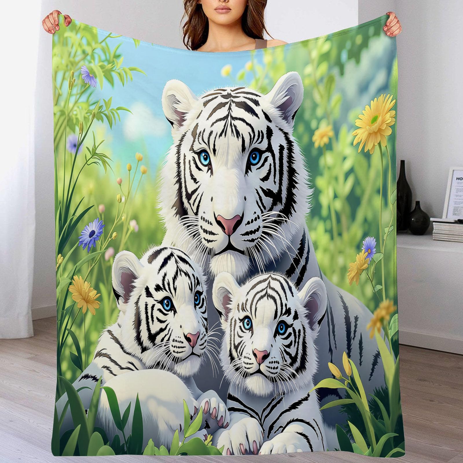 Manta En Blanco Negro - Manta con Estampado Tigre Plantas Verdes Acogedora, Mantas Naturaleza Vida Silvestre Franela Ligera Suave, para niñas niños Adultos la cama el sofá y los viajes 220x240 cm