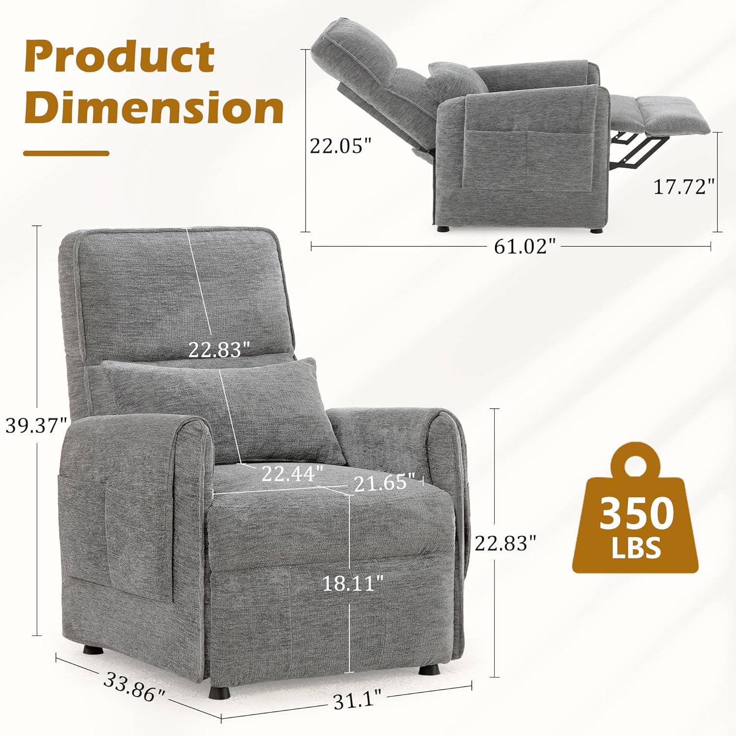 Power Recliner Chair, Small Recliners for Small Spaces, Electric Recliner Chairs for Adults with Remote, Pillow and Side Pockets, Reclining Chair with Memory Function, Living Room, Chenille
