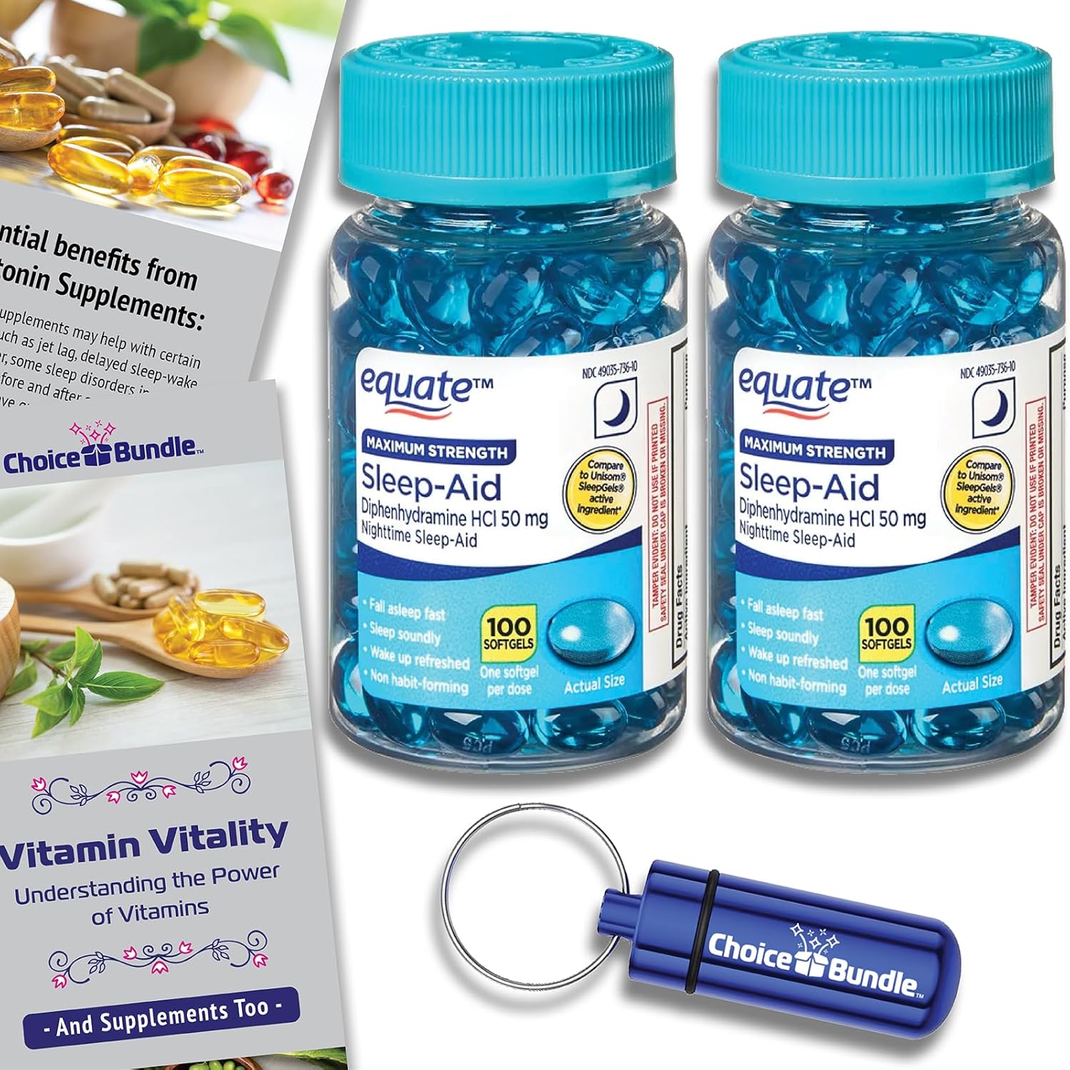 Choice Bundle Equate Maximum Strength Sleep-Aid Softgels 50mg Diphenhydramine HCl Sleep Support 100 CT 2 Pk (200 Total) + Vitamin Vitality & Pill Container (4 Items)!