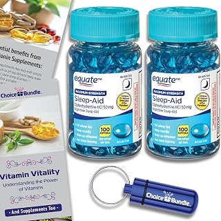 Choice Bundle Equate Maximum Strength Sleep-Aid Softgels 50mg Diphenhydramine HCl Sleep Support 100 CT 2 Pk (200 Total) + Vitamin Vitality & Pill Container (4 Items)!
