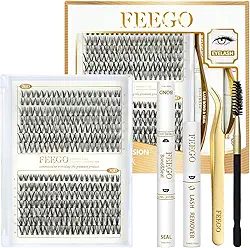 Kit de Extensão de Cílios FEEGO, 280pcs Cluster Lashes 20D+30D Volume Natural e Médio 9-16mm, Cola, Removedor e Aplicador, Fácil Aplicação Kit Completo
