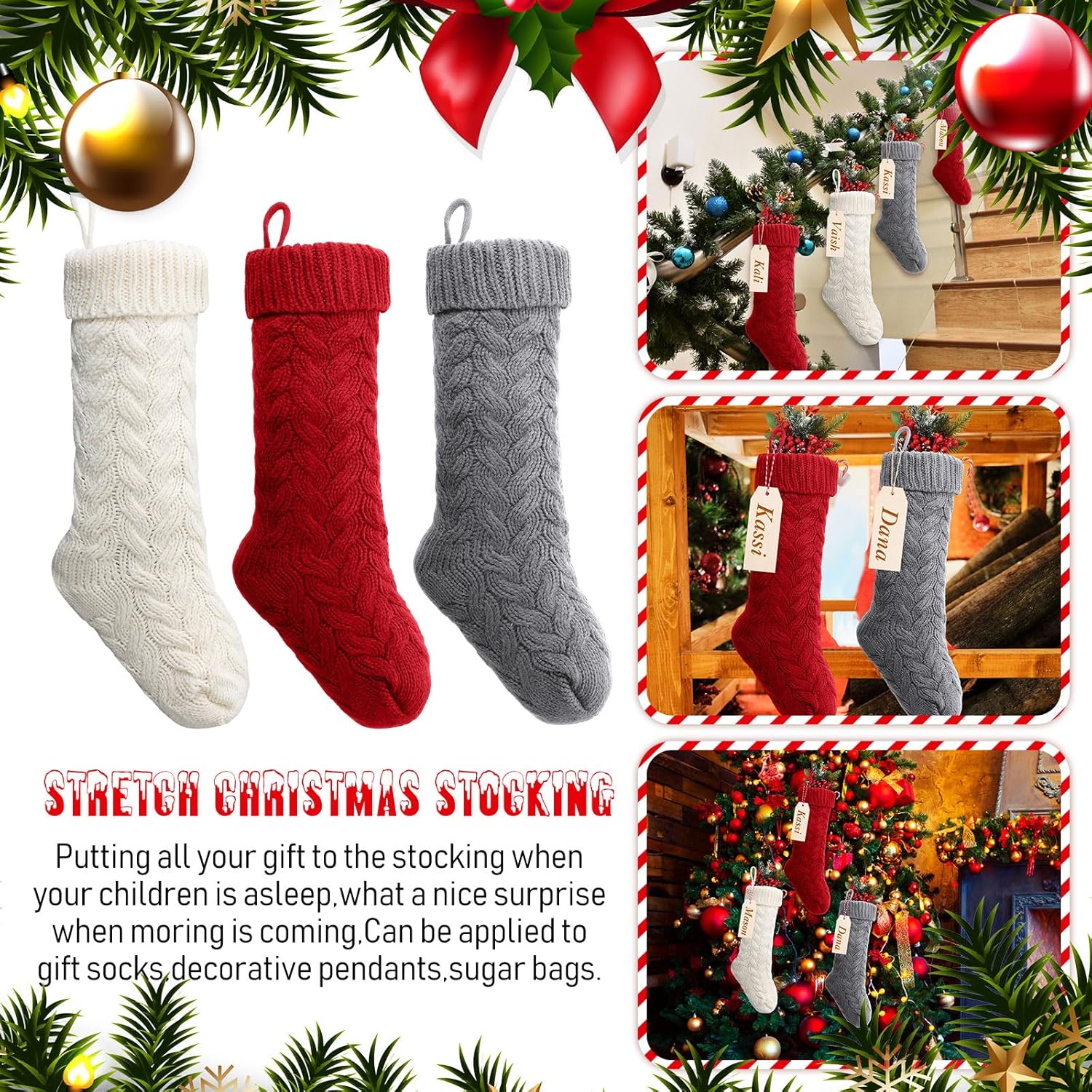 Sumind 6 Pack Personalized Christmas Stocking 18'' Large Family Knitted Xmas Stocking with Name Tags Set for Holiday Fireplace Party Decor (Burgundy, Gray, Ivory)