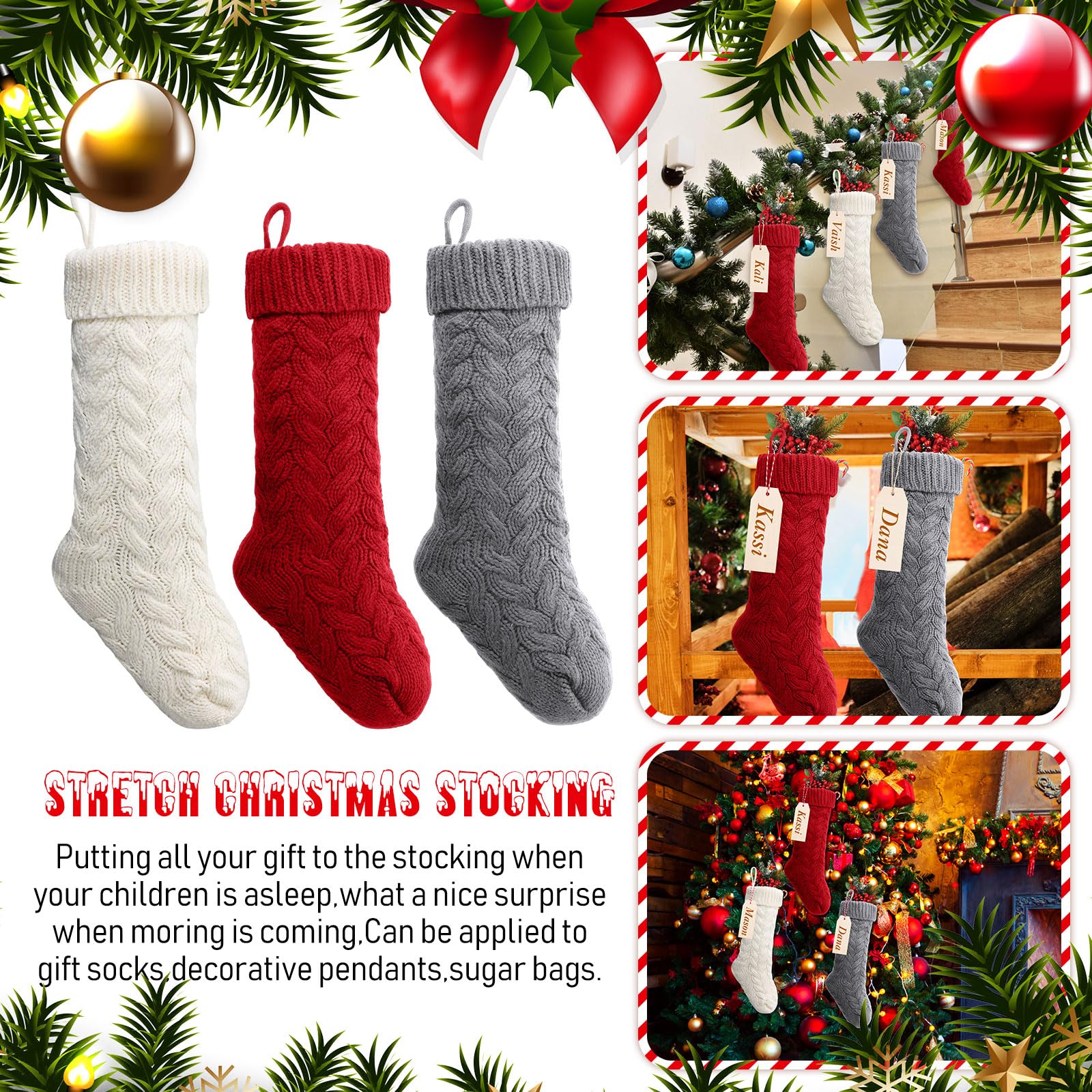 Sumind Lot de 6 chaussettes de Noël tricotées avec étiquettes nominatives, décoration de cheminée (bordeaux, gris, blanc ivoire) - 45,7 cm