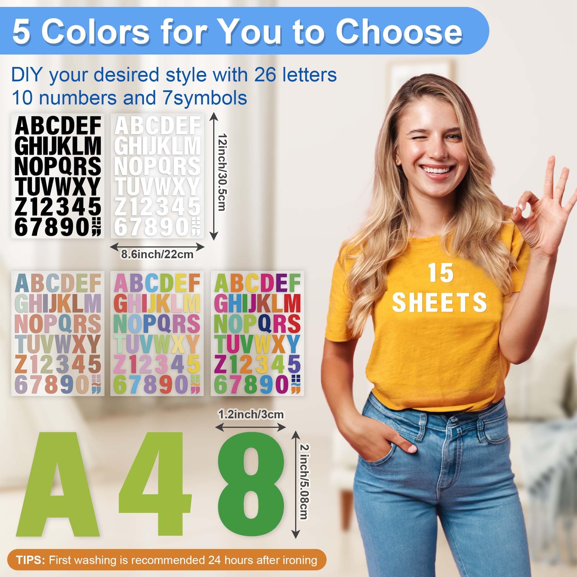Letras para planchar para ropa, 15 hojas, 645 piezas de vinilo de transferencia de calor de poliuretano de varios colores, calcomanías de alfabeto y números de 2 pulgadas para camisetas, fácil