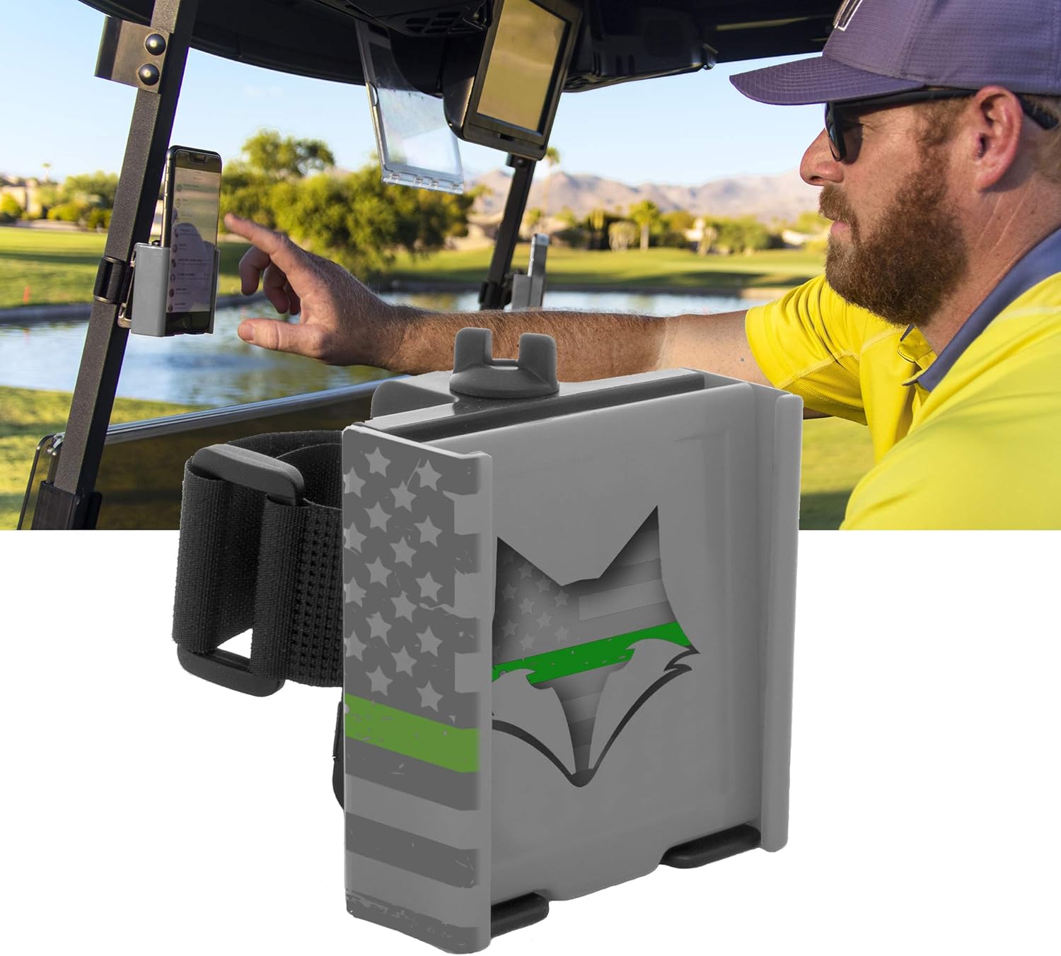 DESERT FOX GOLF Phone Caddy – American Flag Golf Cart Phone Holder – Secure Velcro Mount, One-Hand Access, Universal Fit, Patriotic Golf Accessories (Green Line)