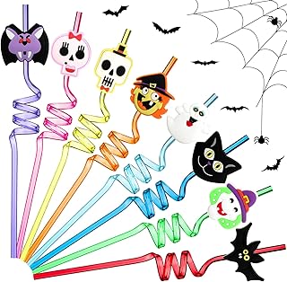 24 Pieces Halloween Straws Reusable Halloween Plastic Crazy Straws Skeleton Ghost Vampire Bat Witch Black Cat Silly Straws for Party Decoration Supplies Birthday Party Favors 8 Styles, 8 Colors