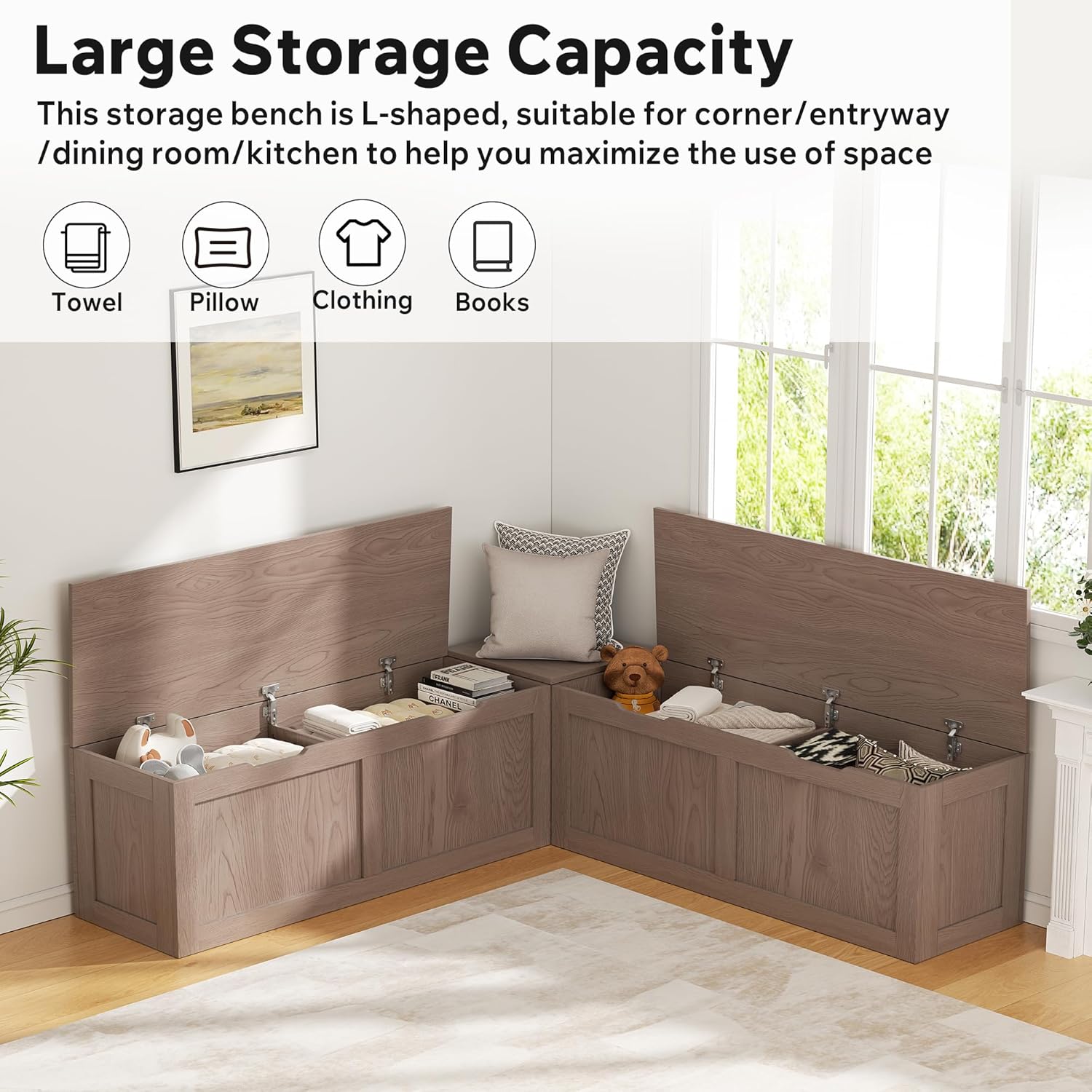 L Shaped Bench with Storage, 63" Breakfast Nook Benches, Kitchen Corner Dining Bench Seating for Entryway Dining Room, Kitchen, Cherry Brown