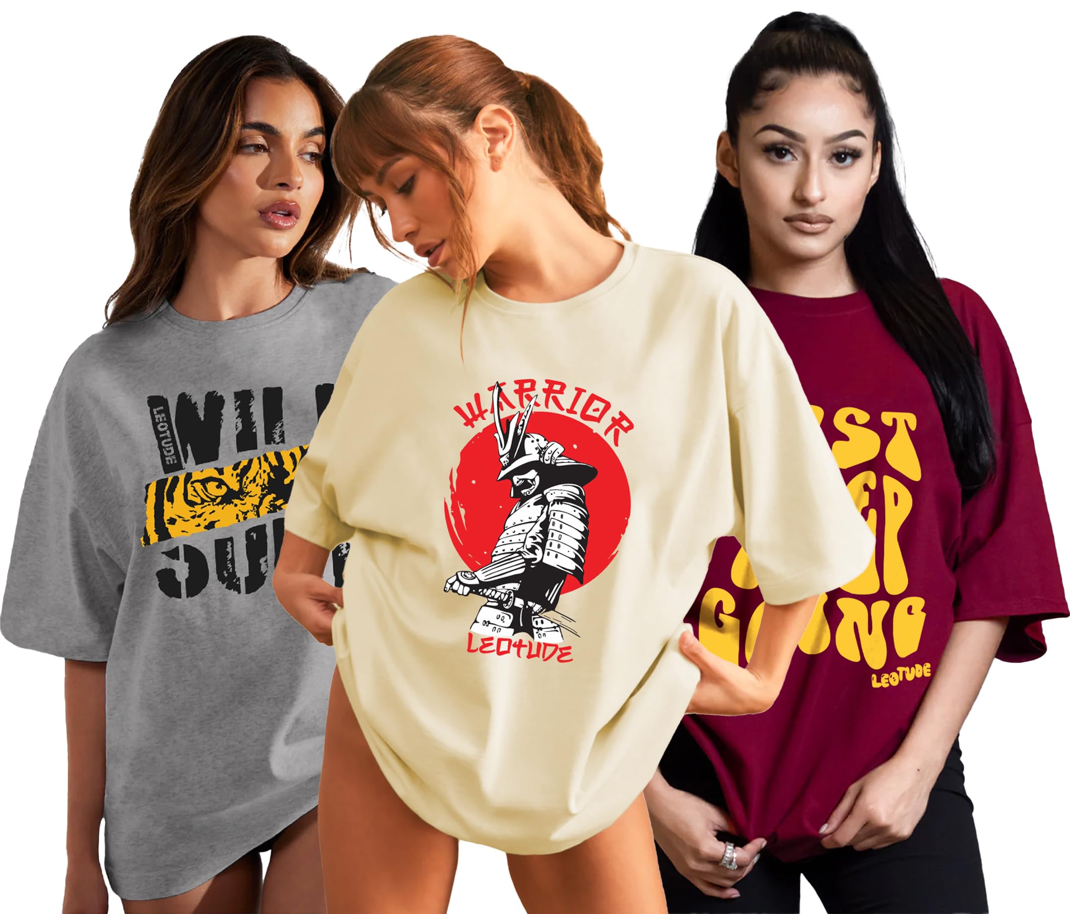 Oversized Cottonblend Half Sleeve Round Neck Longline Drop Shoulder, Colorful Printed T-Shirt Women's Combo T-Shirts (Pack of 3)-image-8