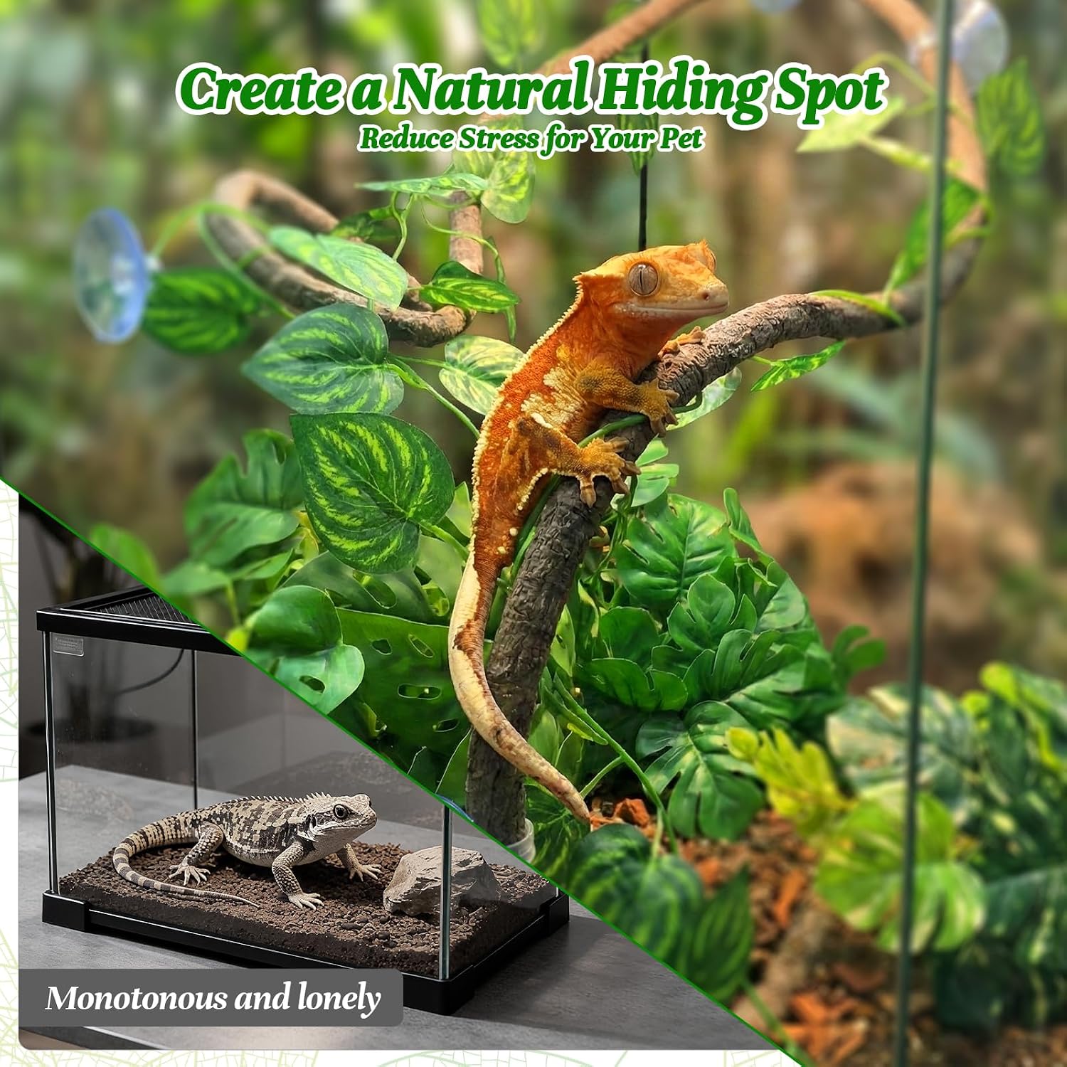 5 Pcs Reptile Plants & Habitat Decor Kit - 3 Artificial Plants & Large 5ft Jungle Vine Branch, Amphibian Habitat Hideout Tank Decorations fit Crested Gecko Leopard Lizard Chameleon Ball Python Frog