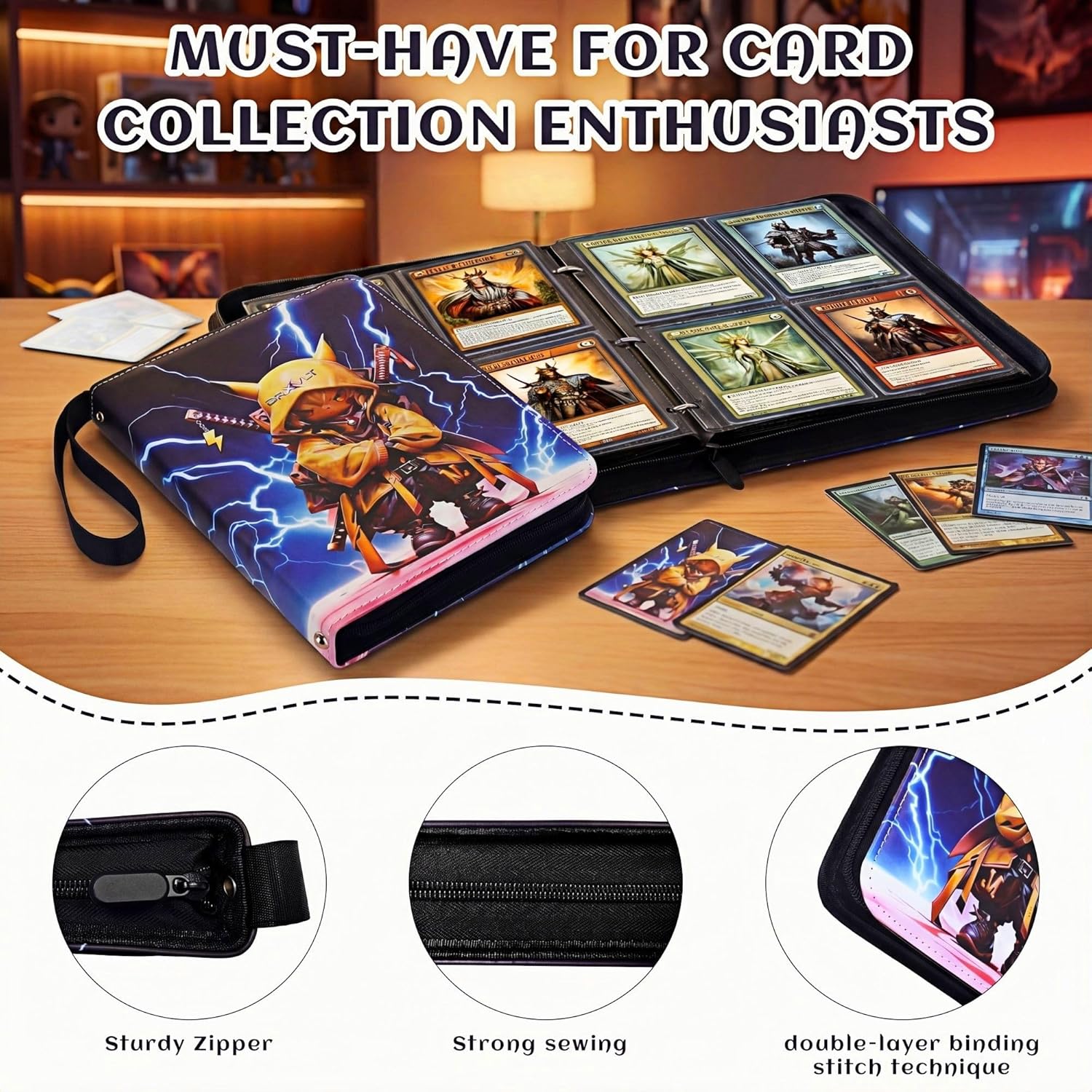 Card Binder 4 Pocket Crossbody Shoulder Strap – Zipper Closure, 400 Pockets, 50 Double-Sided Sideloading Pages, Waterproof &Acid-Free, Trading Card Album Compatible with TCG/MTG/Pokemon/Sports