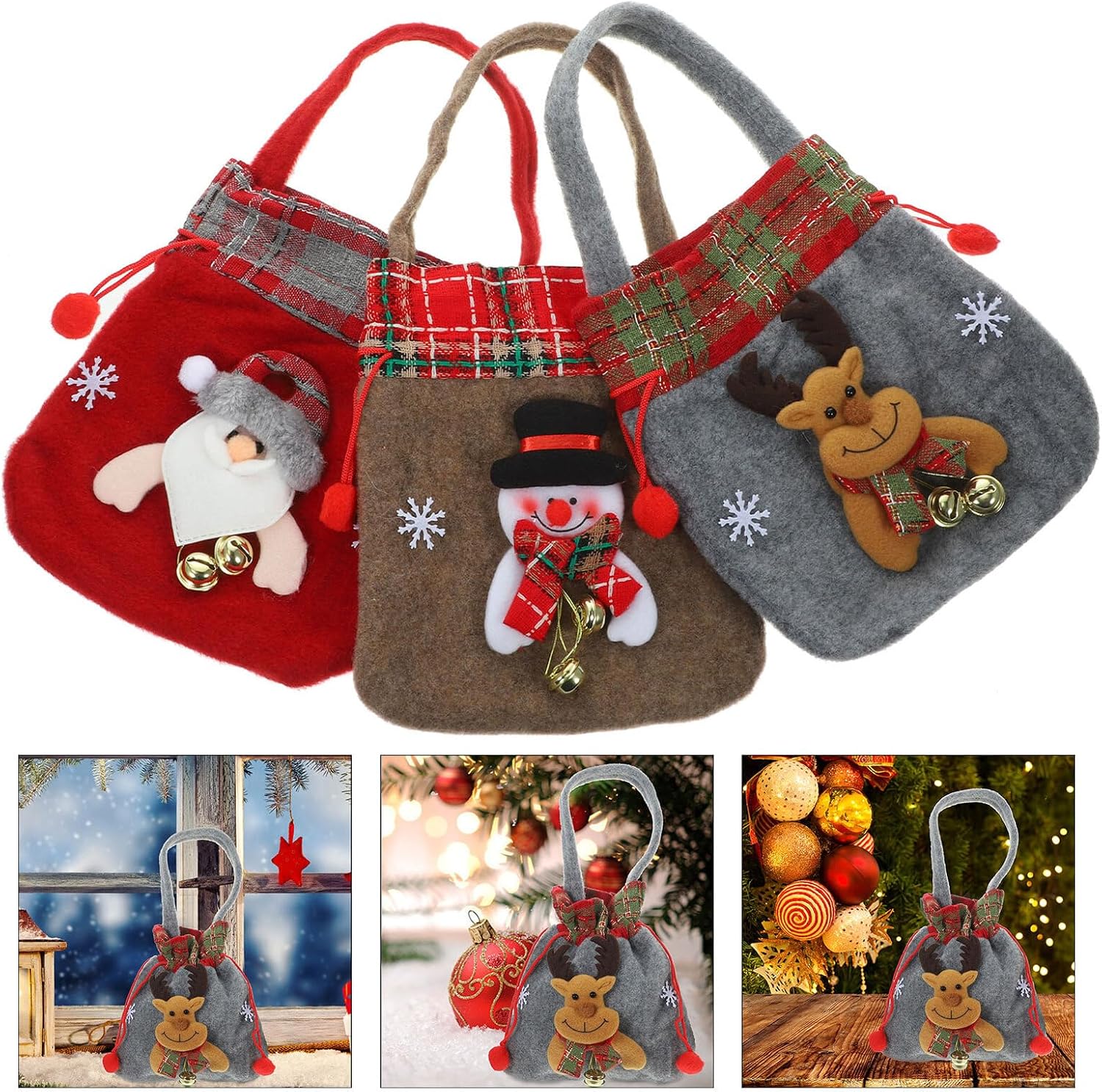 Hemoton 3pcs Christmas Party Treat Bags Set Small Christmas Bags with Snowman Reindeer Elder Design Candy Storage Pouches for Holiday Party Favors and Wrapping
